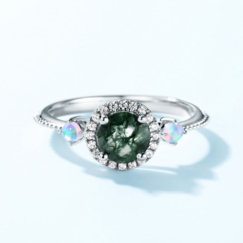 ヘイロー ラウンドカット 天然モスアゲート オパールセントリング - S925 スターリングシルバー