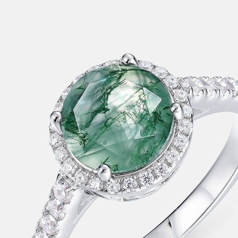 オーバル 天然モスアゲート&ダイヤモンドリング - S925スターリングシルバー