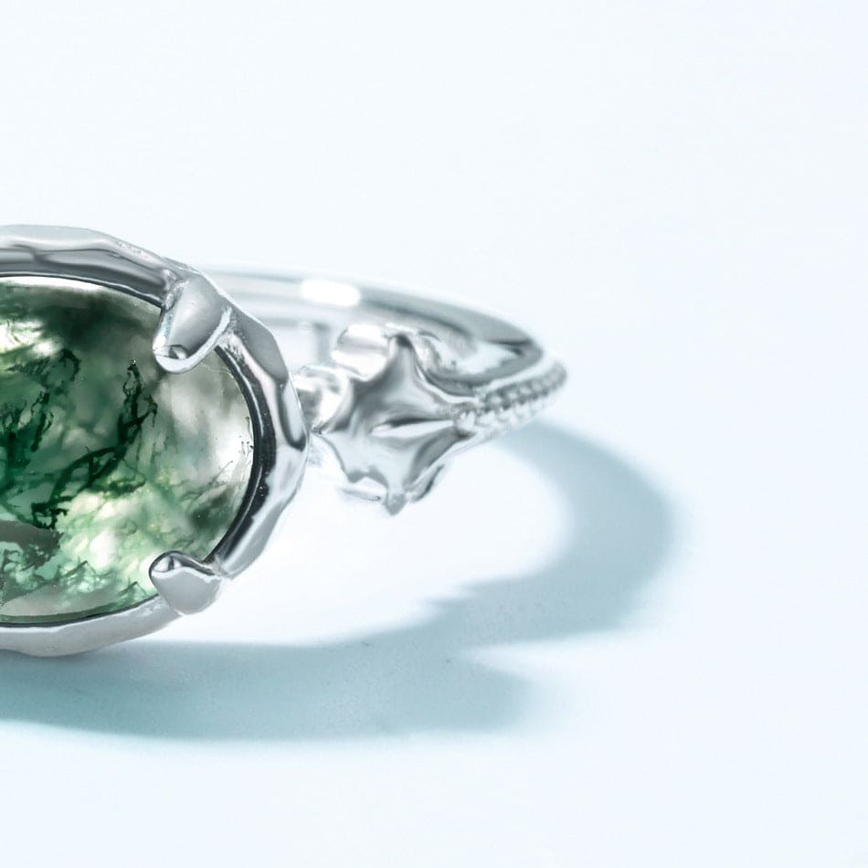 オーバル 天然モスアゲート リーフ彫刻リング - S925スターリングシルバー