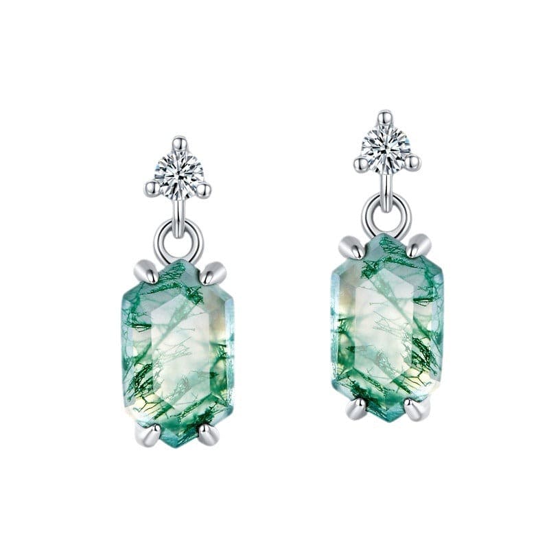 バレルカット 天然モスアゲート ダングルピアス - S925 スターリングシルバー