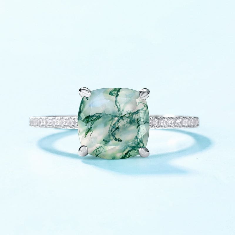 Cushion Cut Natural Moss Agate Pavé Ring - S925 Sterling Silver