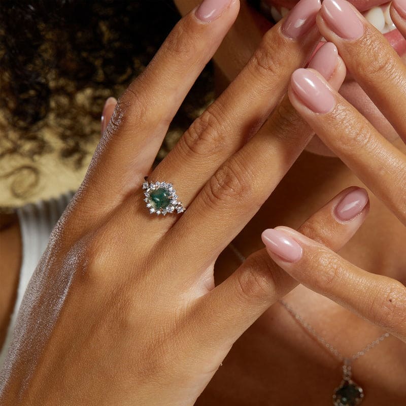 丸型天然モスアゲート 花柄ヘイローリング - S925スターリングシルバー