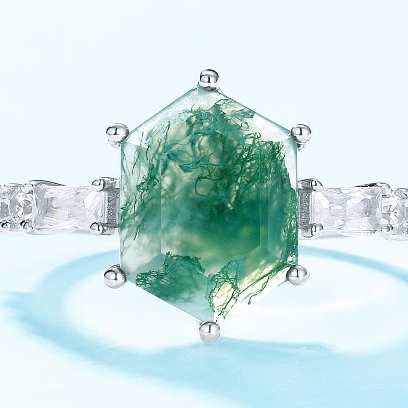 六角形天然モスアゲート バゲットアクセントリング - S925スターリングシルバー