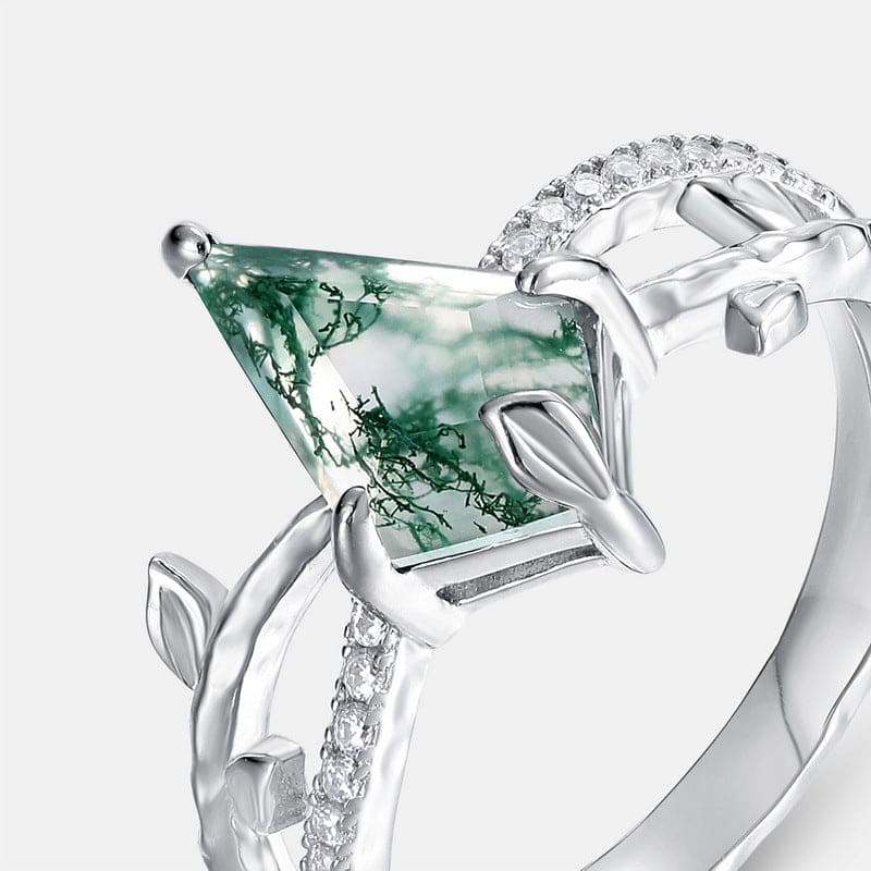 カイトカット 天然モスアゲート ダイヤモンド エンブレイスリング - S925 スターリングシルバー