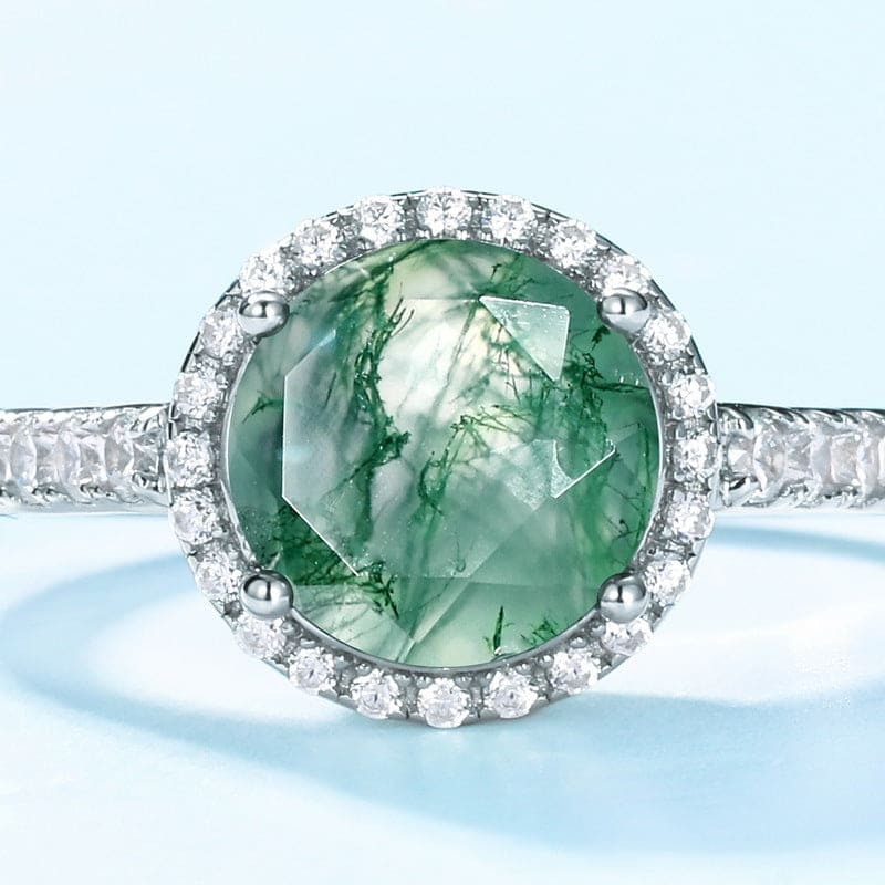 オーバル 天然モスアゲート&ダイヤモンドリング - S925スターリングシルバー