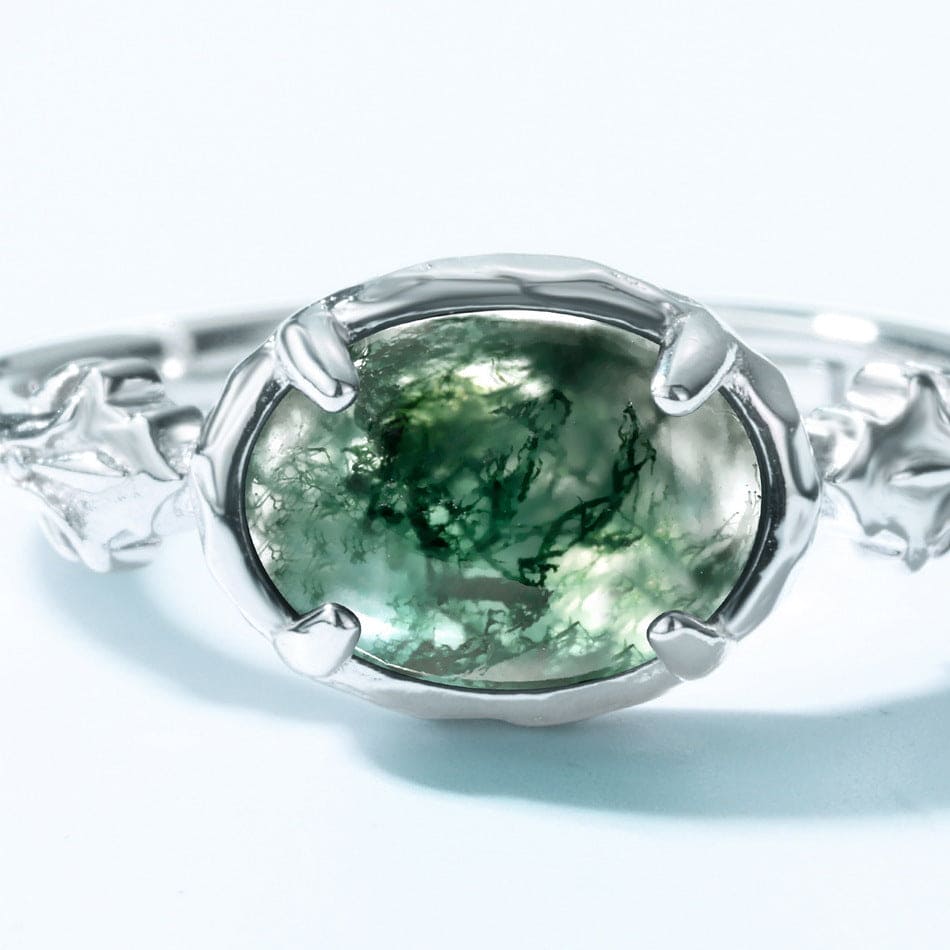 オーバル 天然モスアゲート リーフ彫刻リング - S925スターリングシルバー