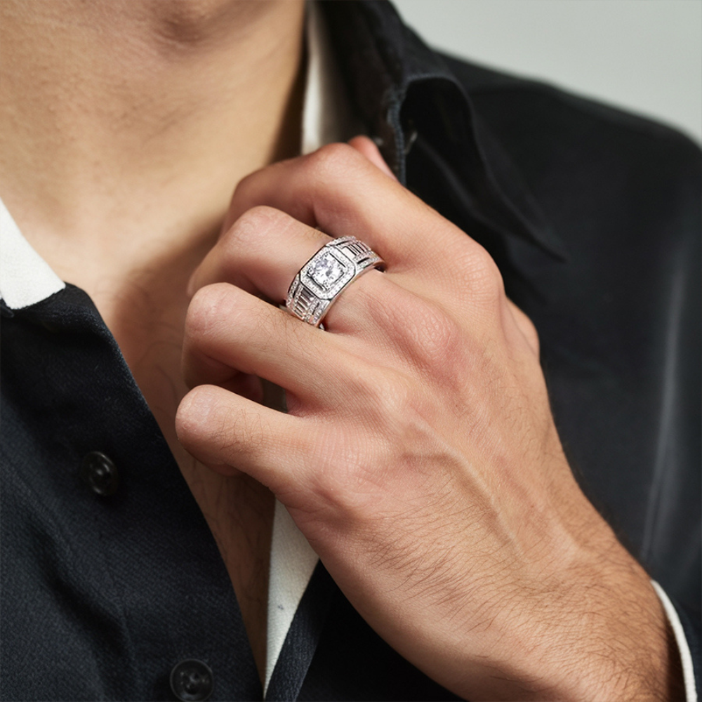 1CT ラウンドカット メンズ ヘイロー モアッサナイトリング