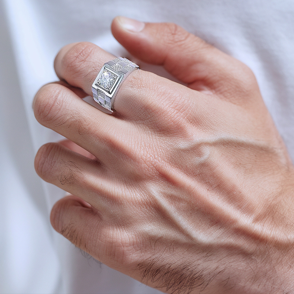 市松模様 メンズ 1CT モアサナイト ウェディングバンド