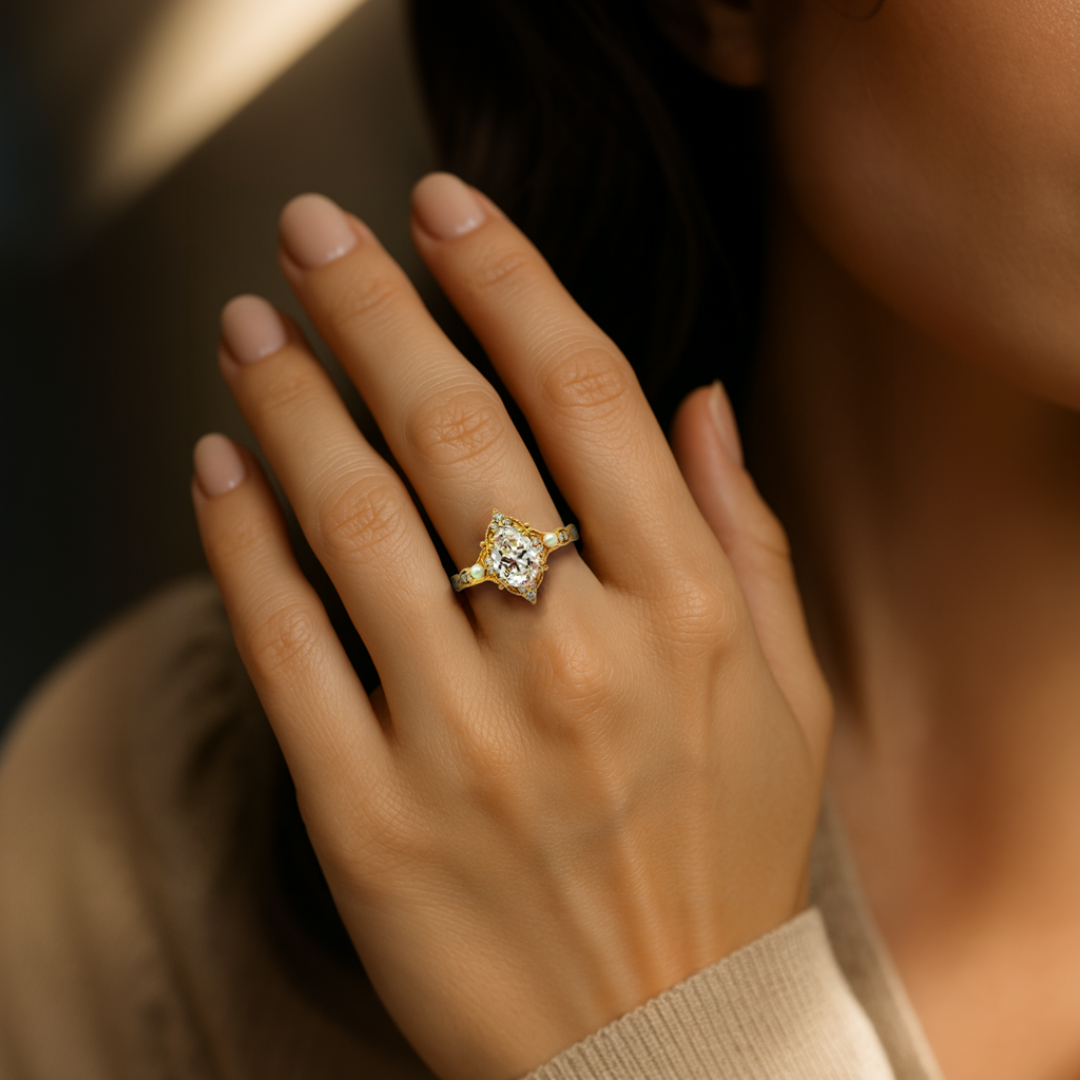 ヴィンテージ ダイヤモンド & パール ヘイロー リング