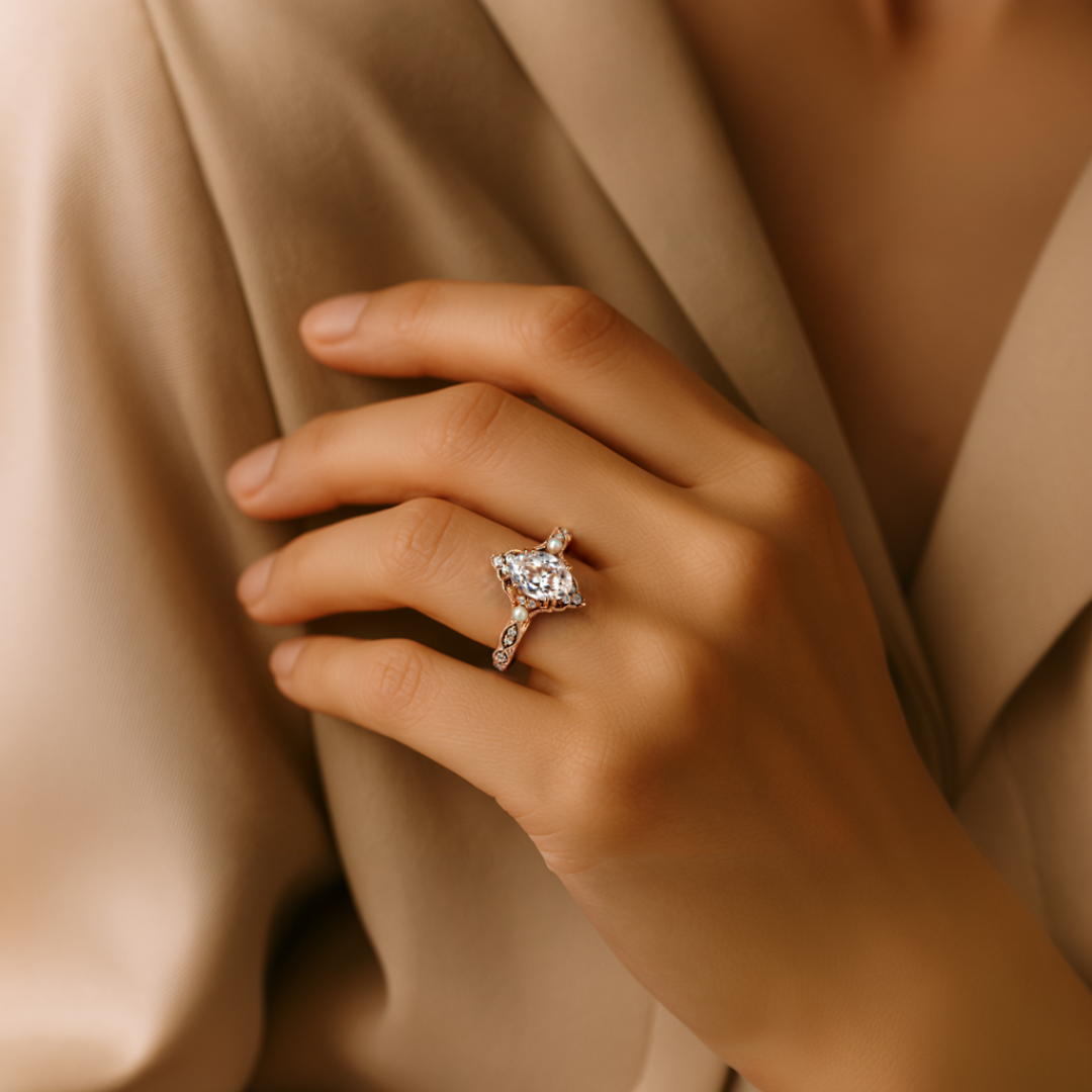 ヴィンテージ ダイヤモンド & パール ヘイロー リング