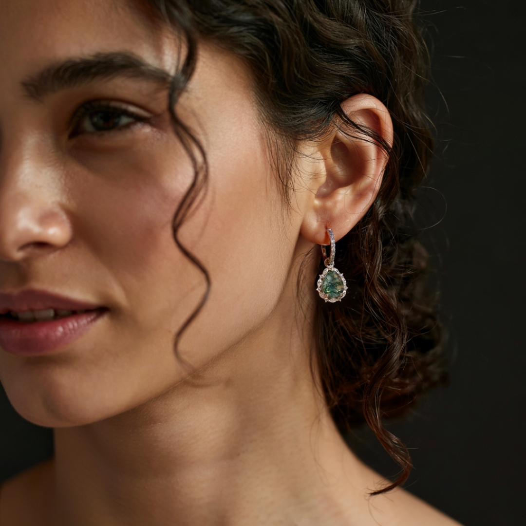 ティアドロップ ハロー 天然モスアゲート レバーバック ピアス - S925 スターリングシルバー