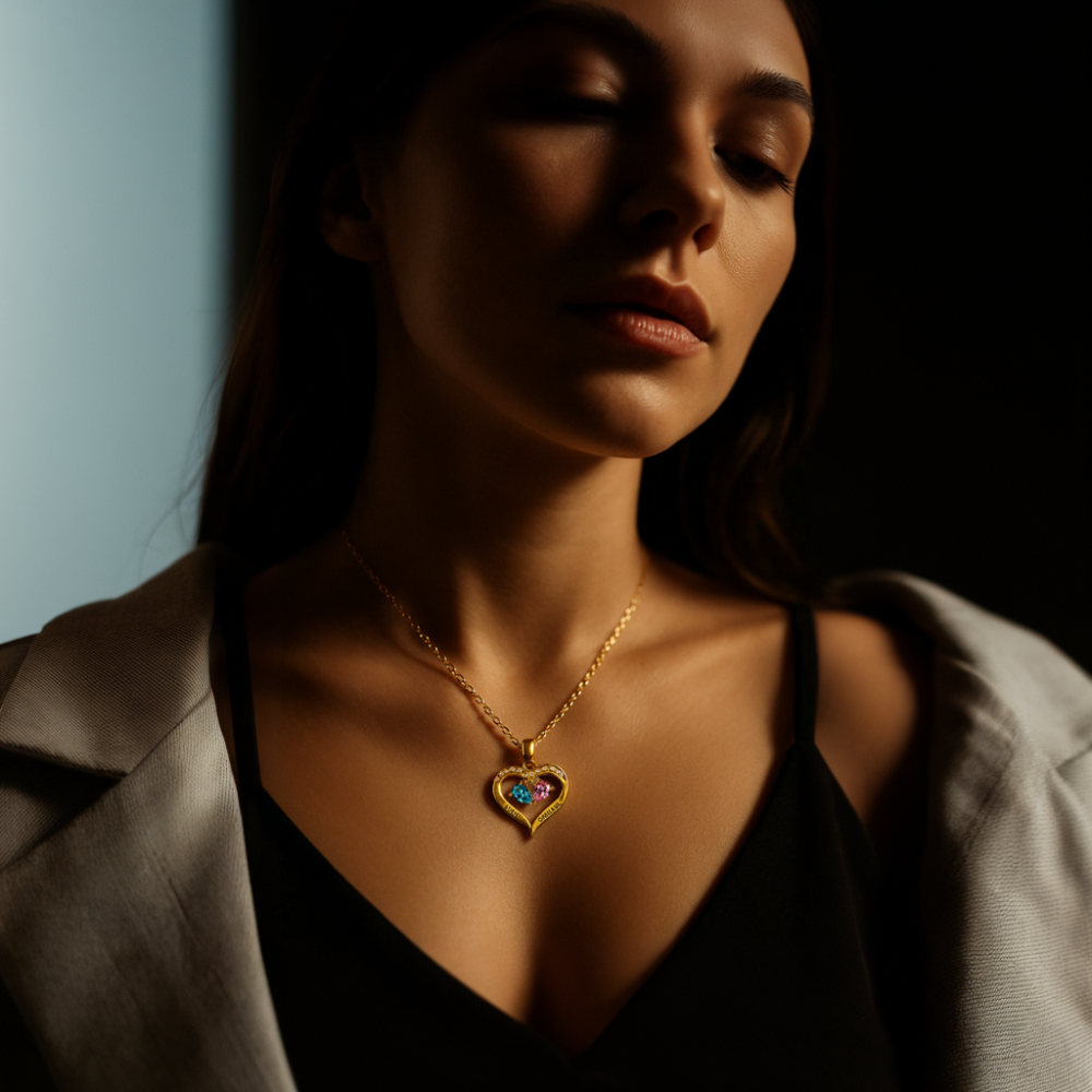 カスタムダブル誕生石ハートネックレス