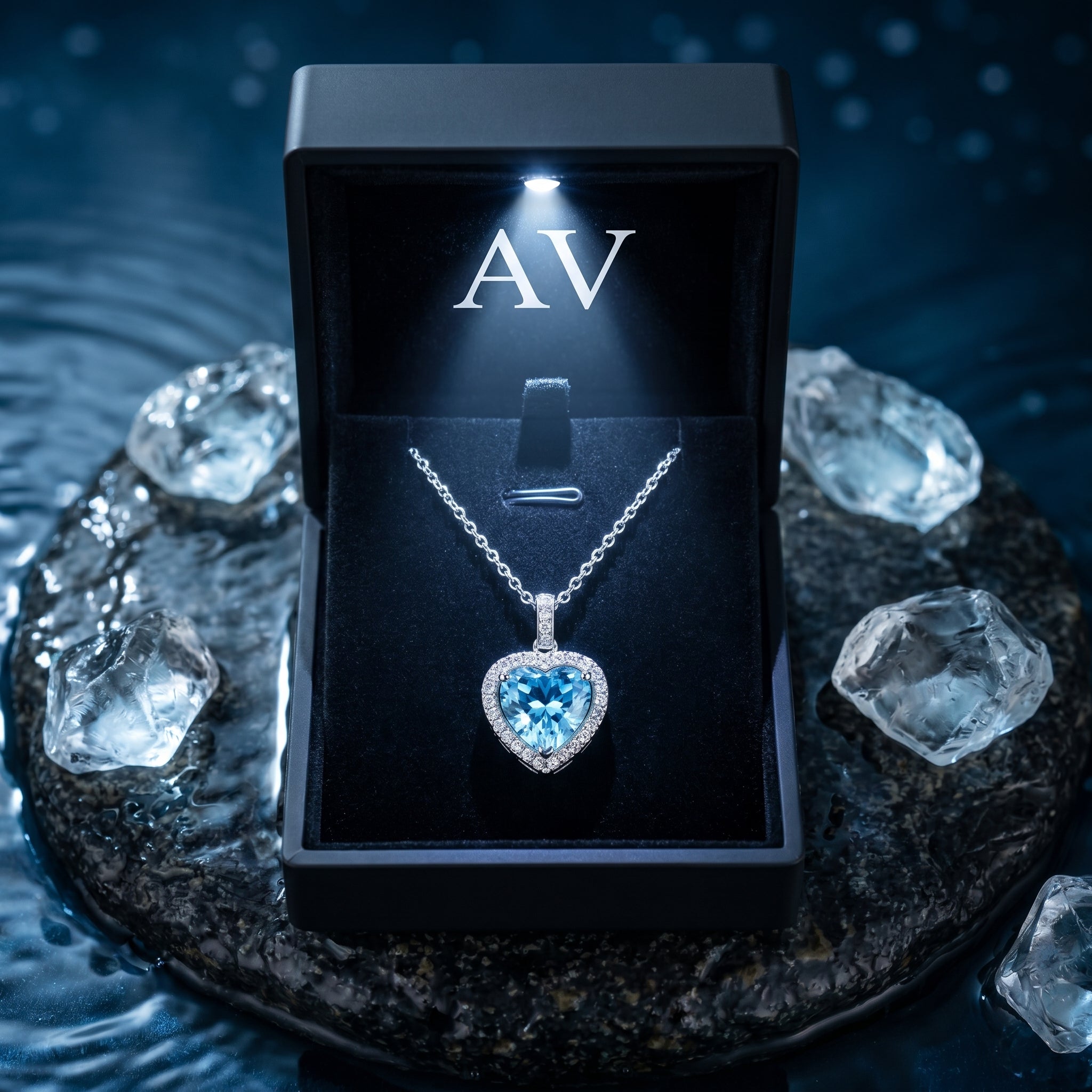 Heart-cut natural aquamarine halo necklace in platinum, displayed inside a lighted black AV branded jewelry box.