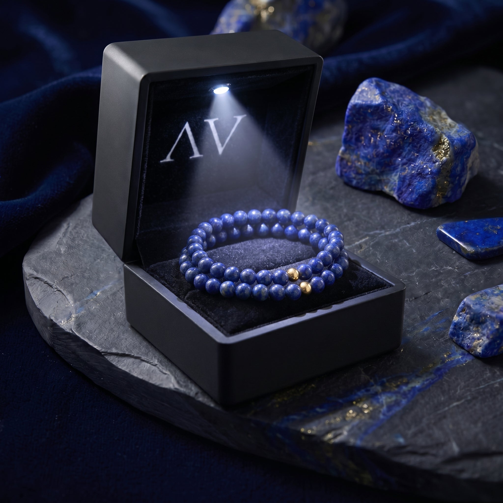 Two natural lapis lazuli beaded bracelets with gold spacers presented in a black LED-lit jewelry gift box.