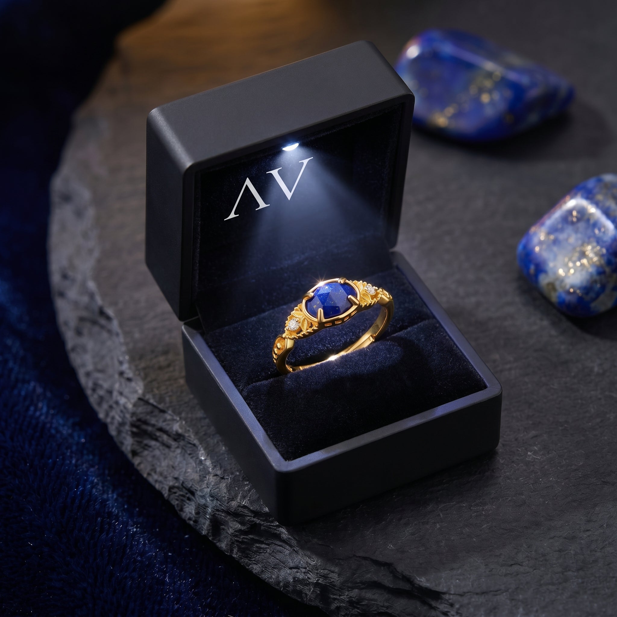 Gold Elarissa natural lapis ring presented in a premium black lighted jewelry gift box.