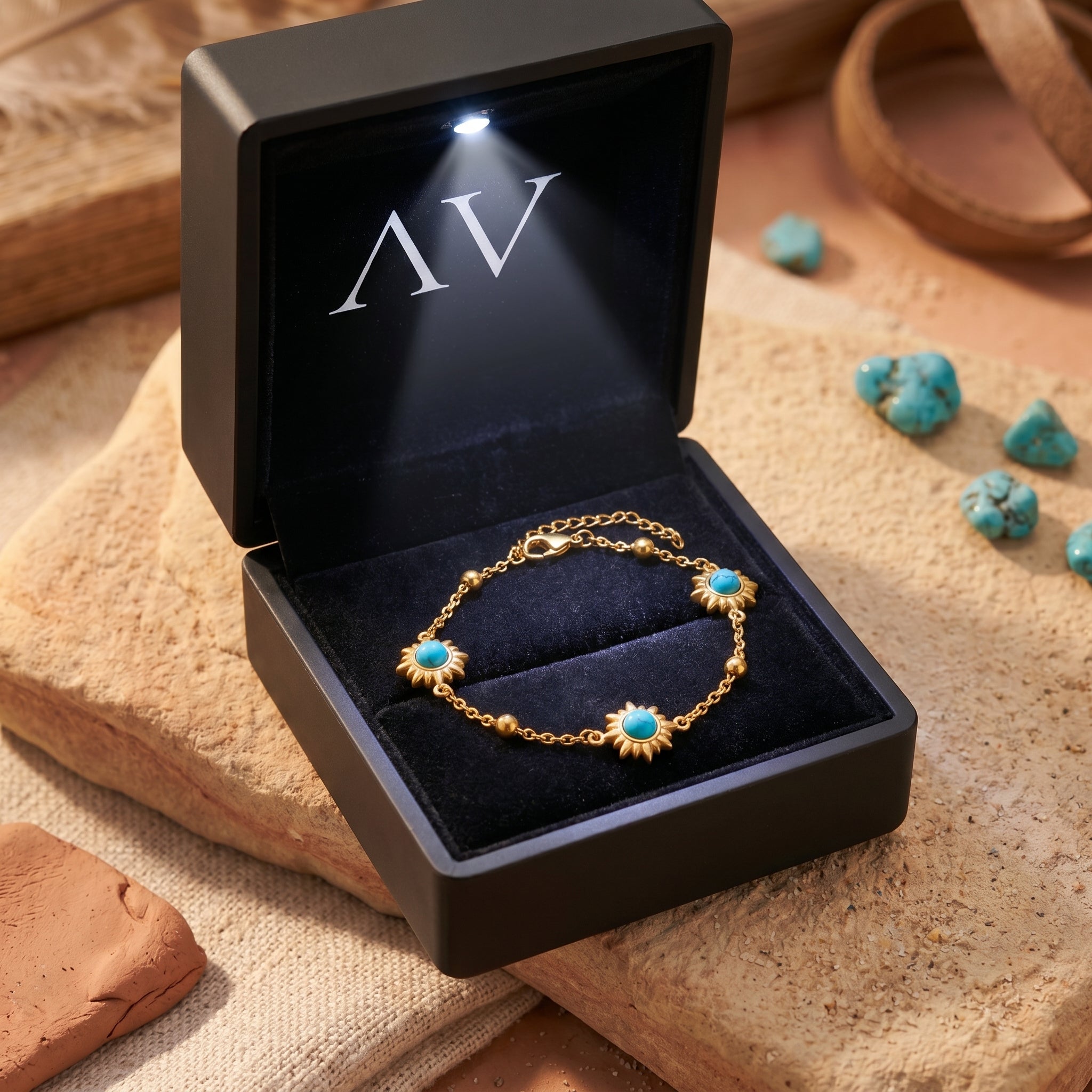 Gold Palo Verde turquoise bracelet presented in a premium black LED-lit jewelry gift box.