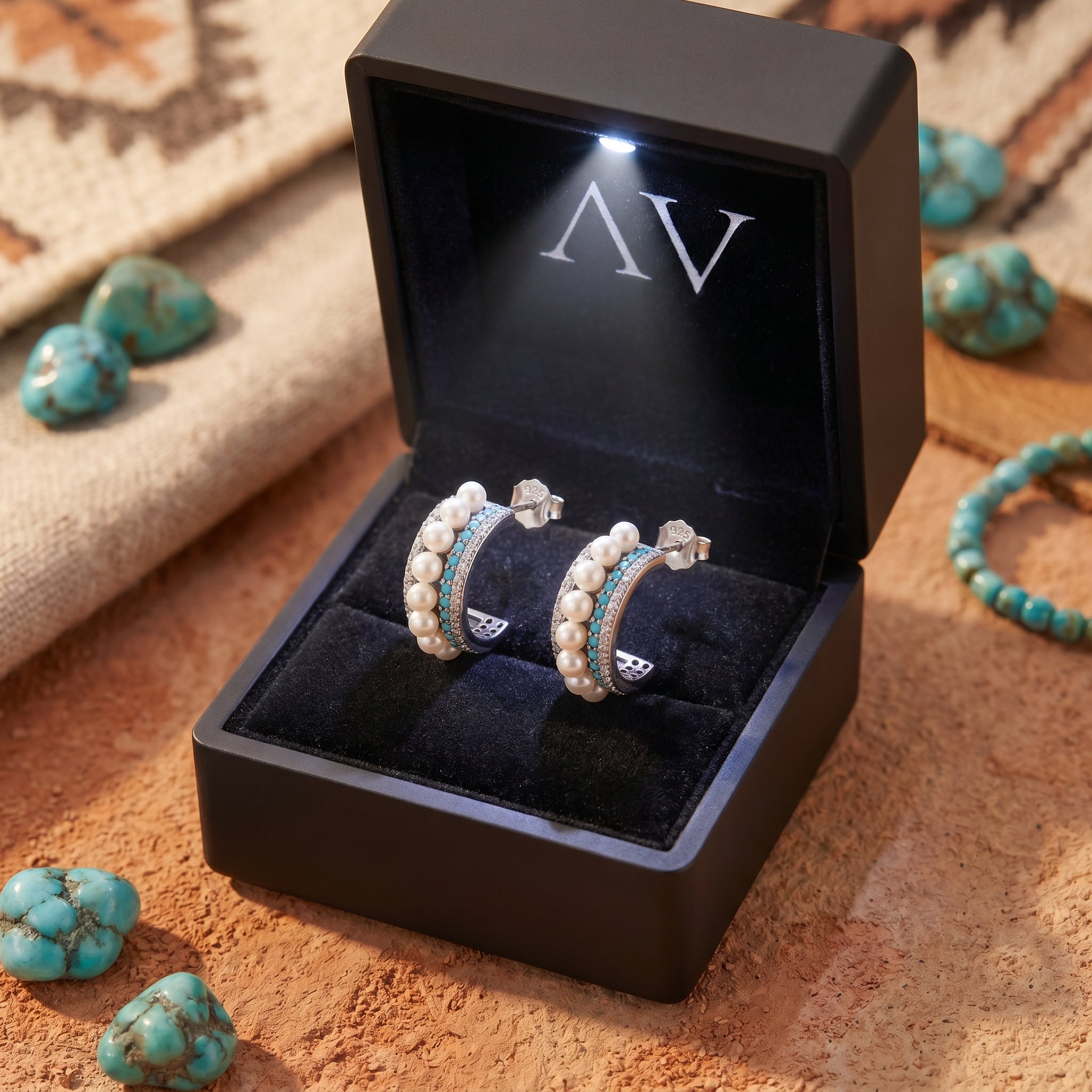 Silver turquoise and pearl C-hoop earrings in a black LED-lighted jewelry box.