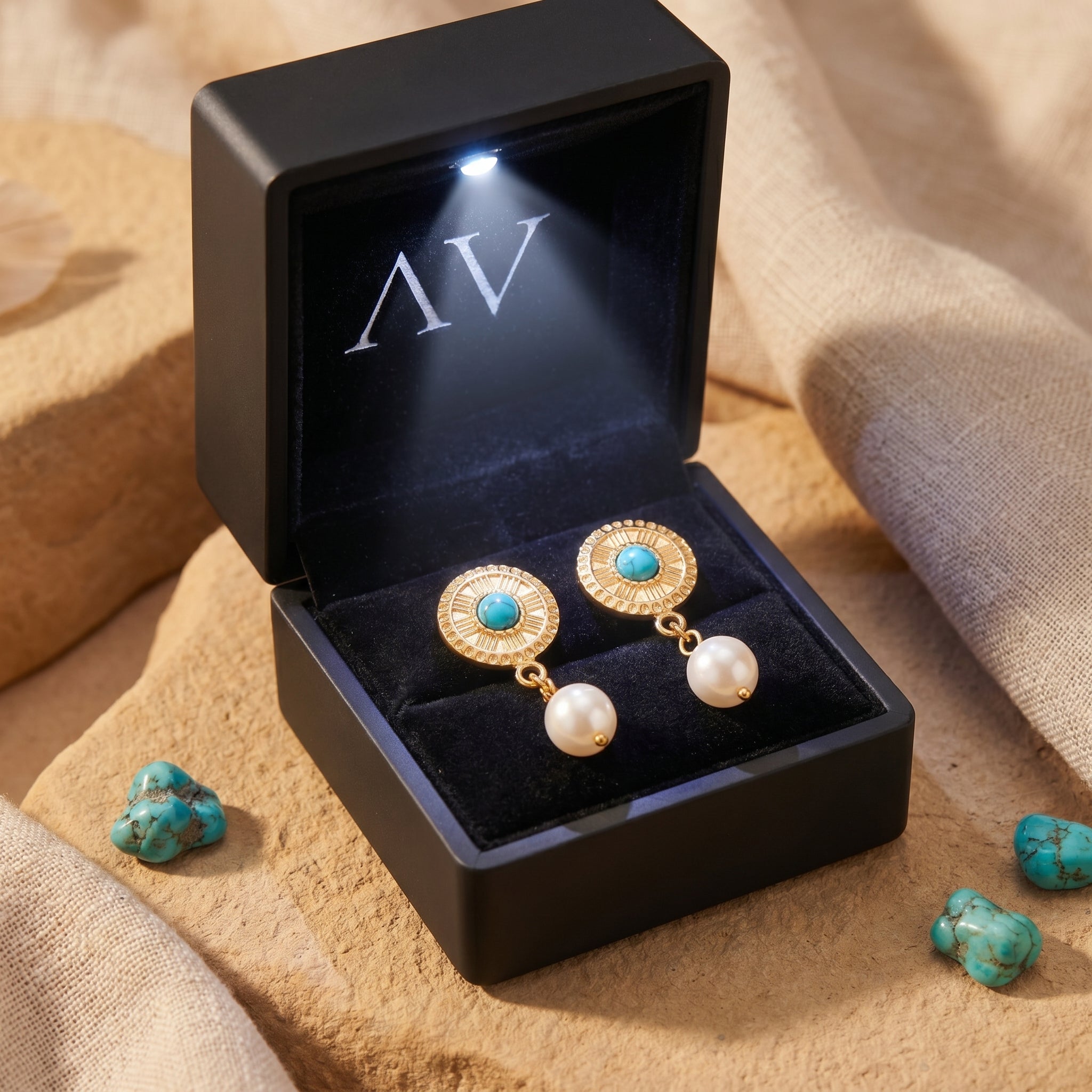 Gold turquoise and pearl drop earrings presented in a black light-up jewelry gift box.