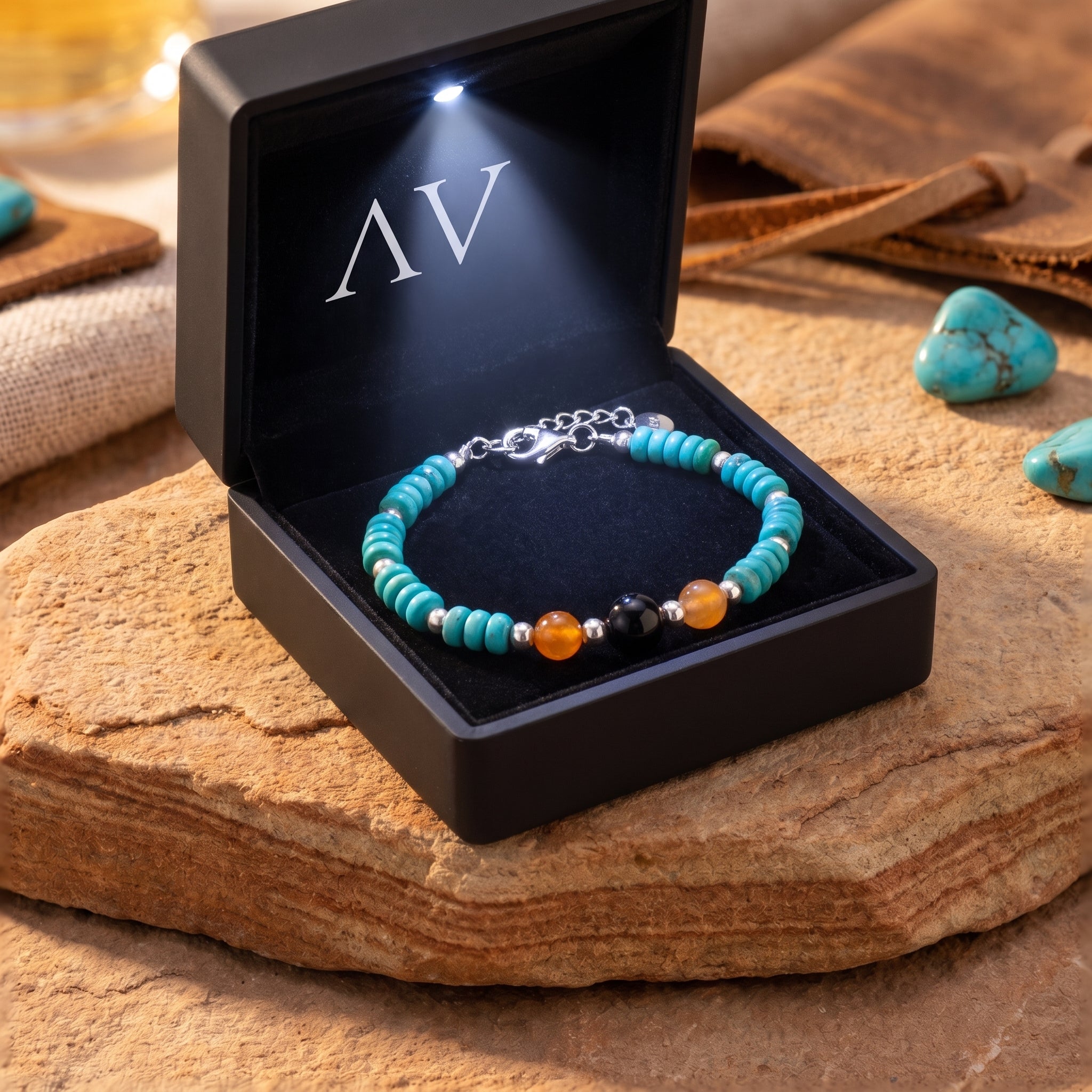 Turquoise and onyx bead bracelet presented in a premium black LED-lit jewelry gift box on a stone surface.