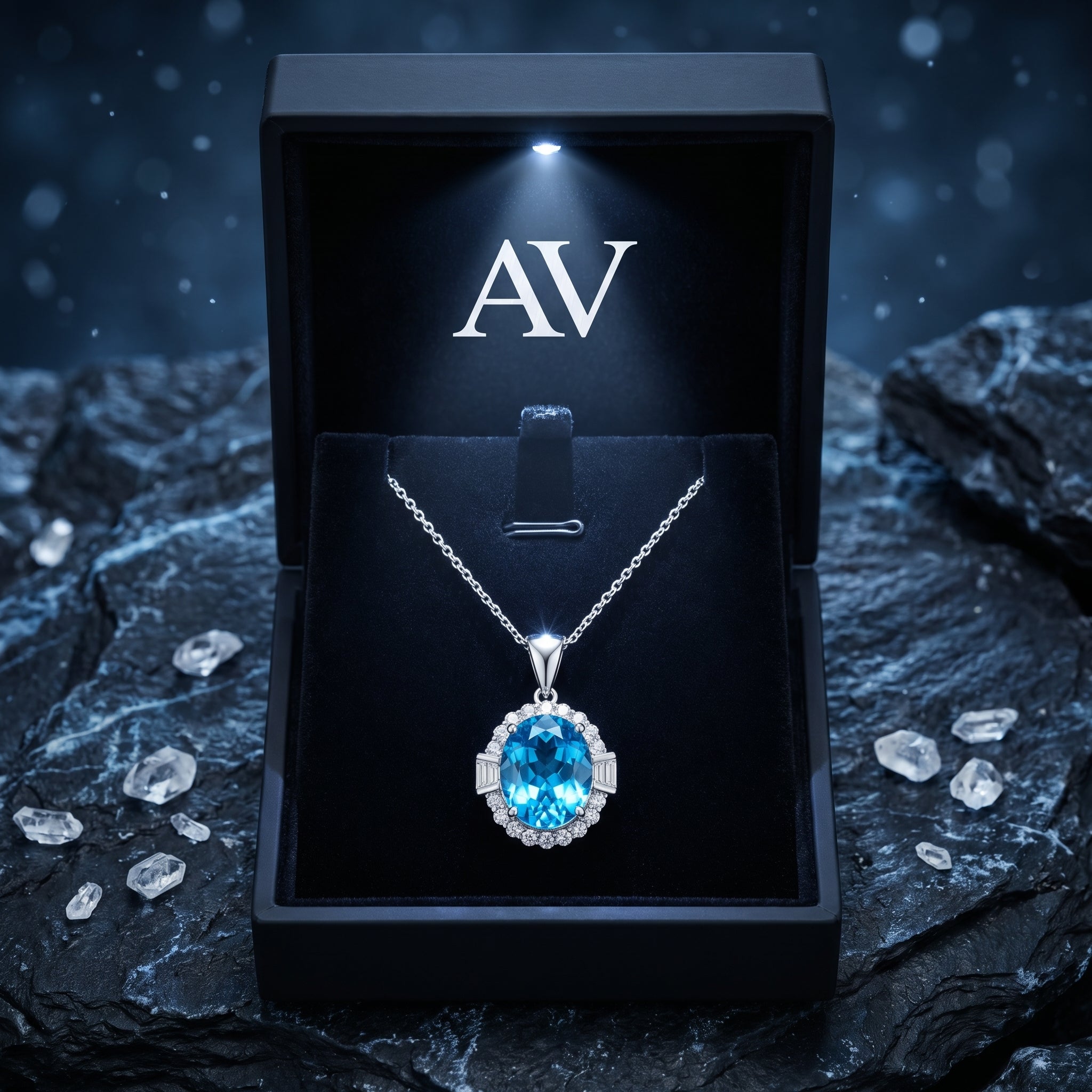 Natural blue topaz necklace displayed in a lighted black AV jewelry gift box on a dark rocky surface.