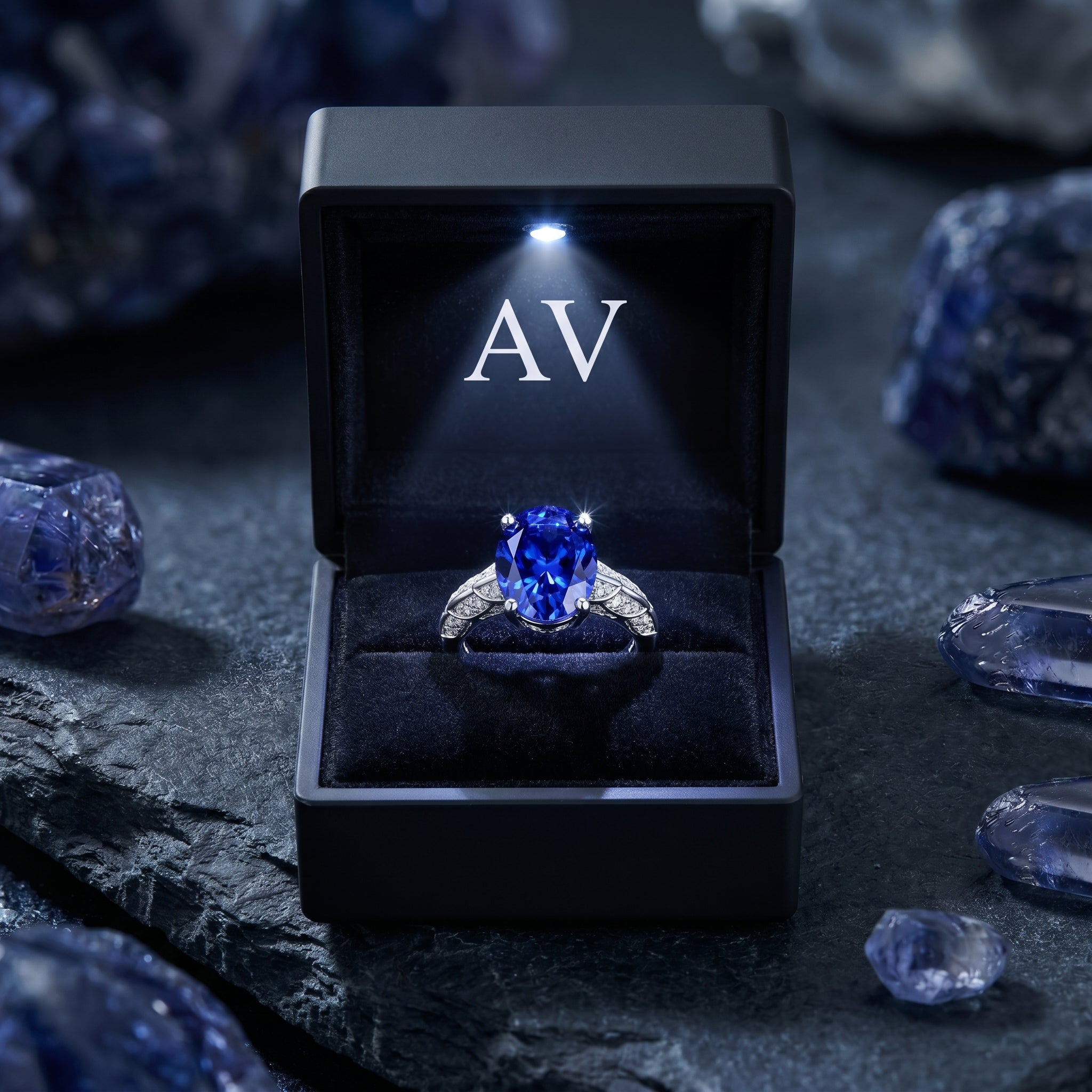 Oval tanzanite ring in a black lighted jewelry box with AV branding, displayed on a dark stone surface.