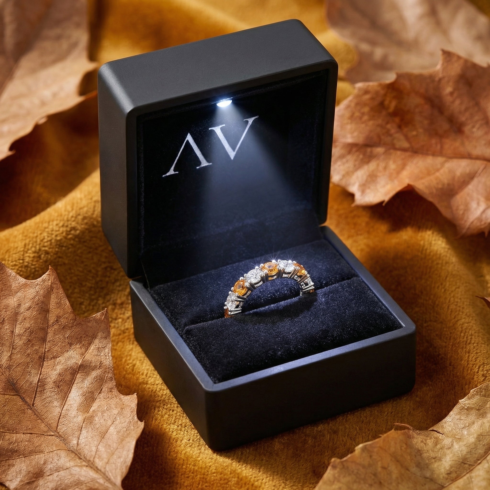 Novara sterling silver ring displayed in a black LED-lit jewelry box with autumn leaves on a velvet surface.