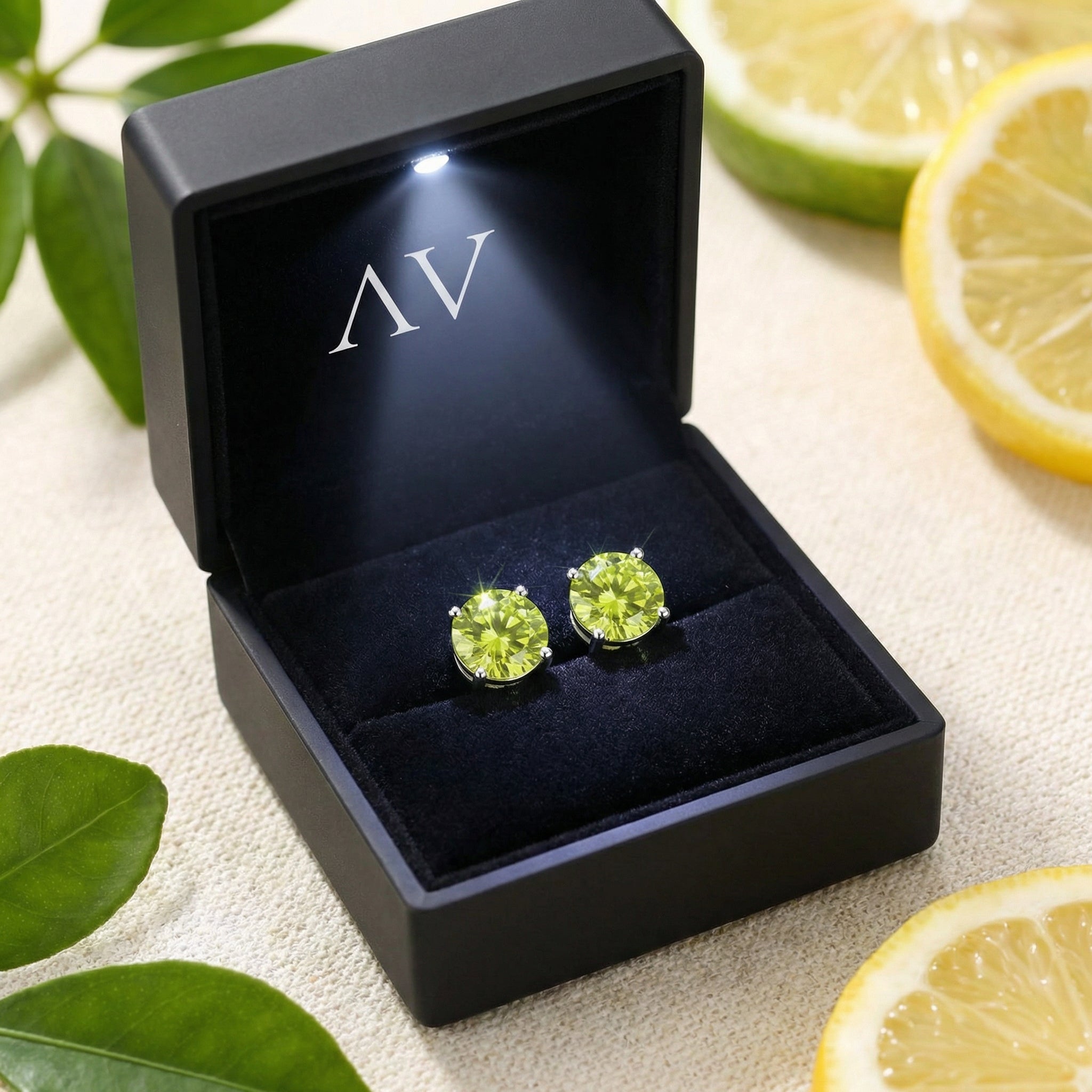 Sterling silver simulated peridot stud earrings presented in a black LED-lit jewelry box with a lifestyle backdrop.
