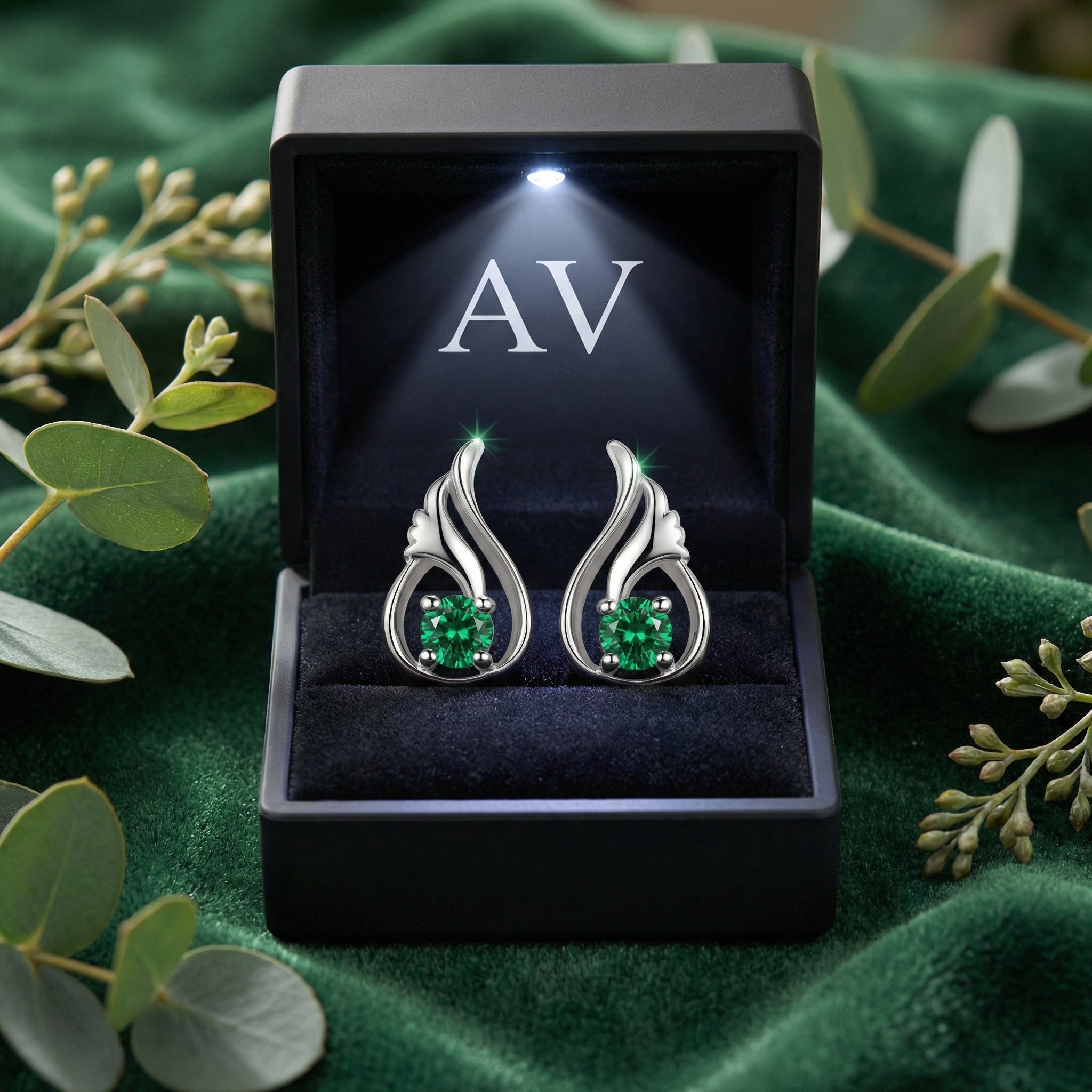 Pair of silver bud-shaped simulated emerald earrings in a black LED-lit gift box on a green velvet surface.
