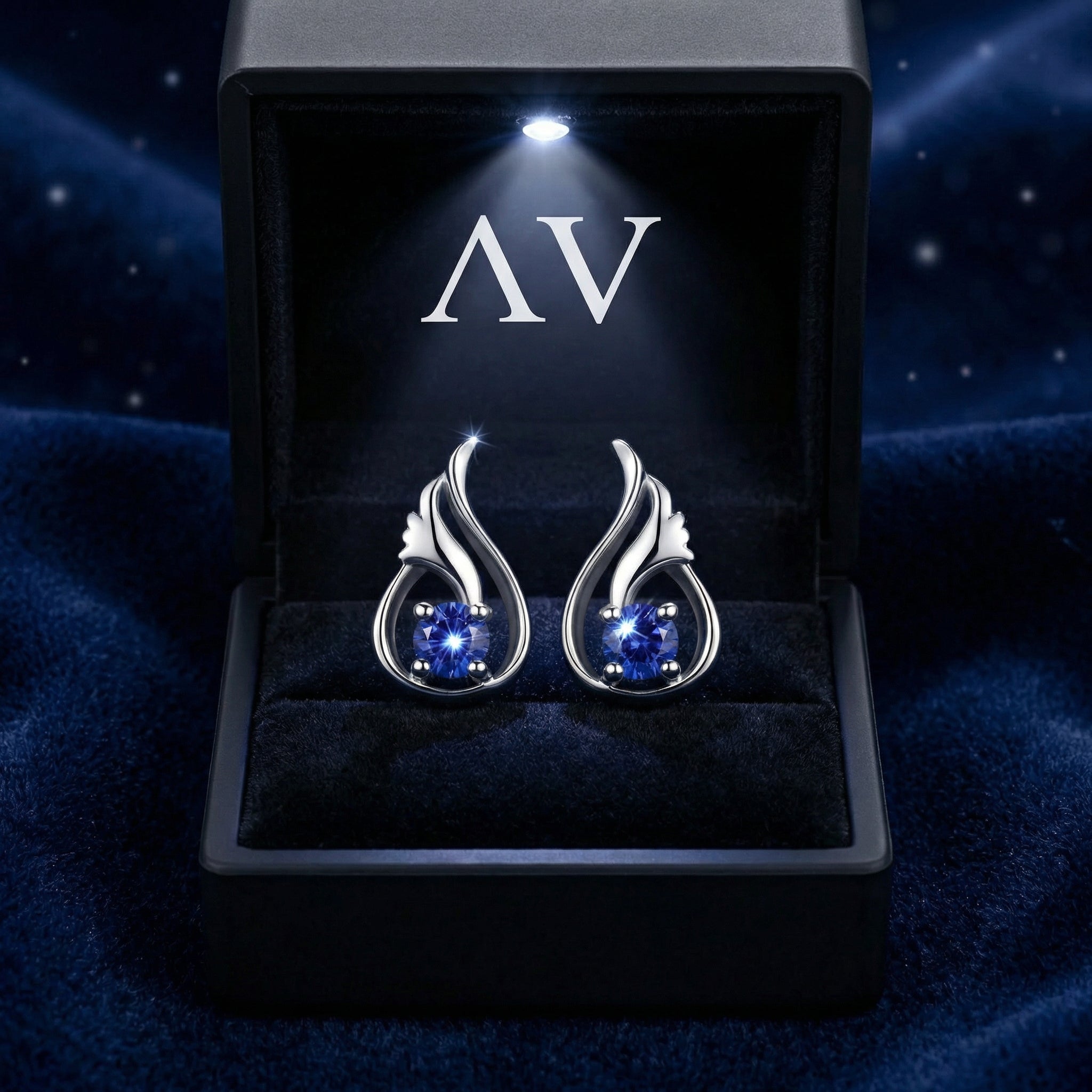 Lysaria Bud sterling silver earrings with blue simulated sapphires inside a lighted black AV jewelry gift box.