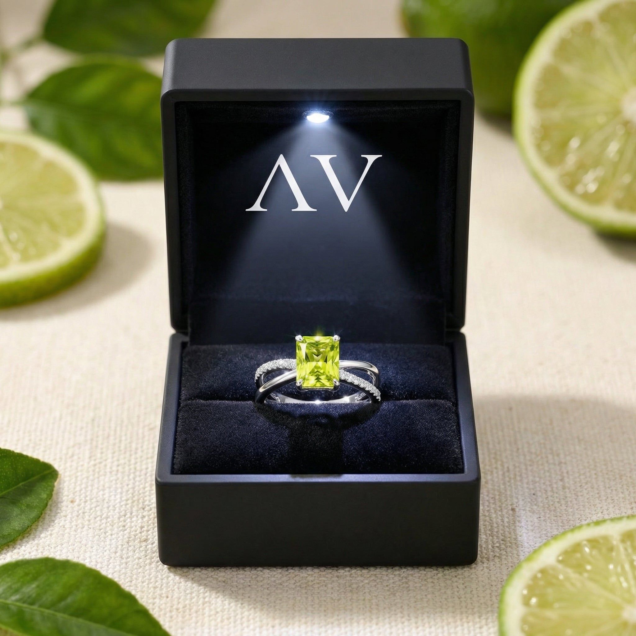Radiant cut simulated peridot sterling silver ring presented in a black lighted jewelry gift box.
