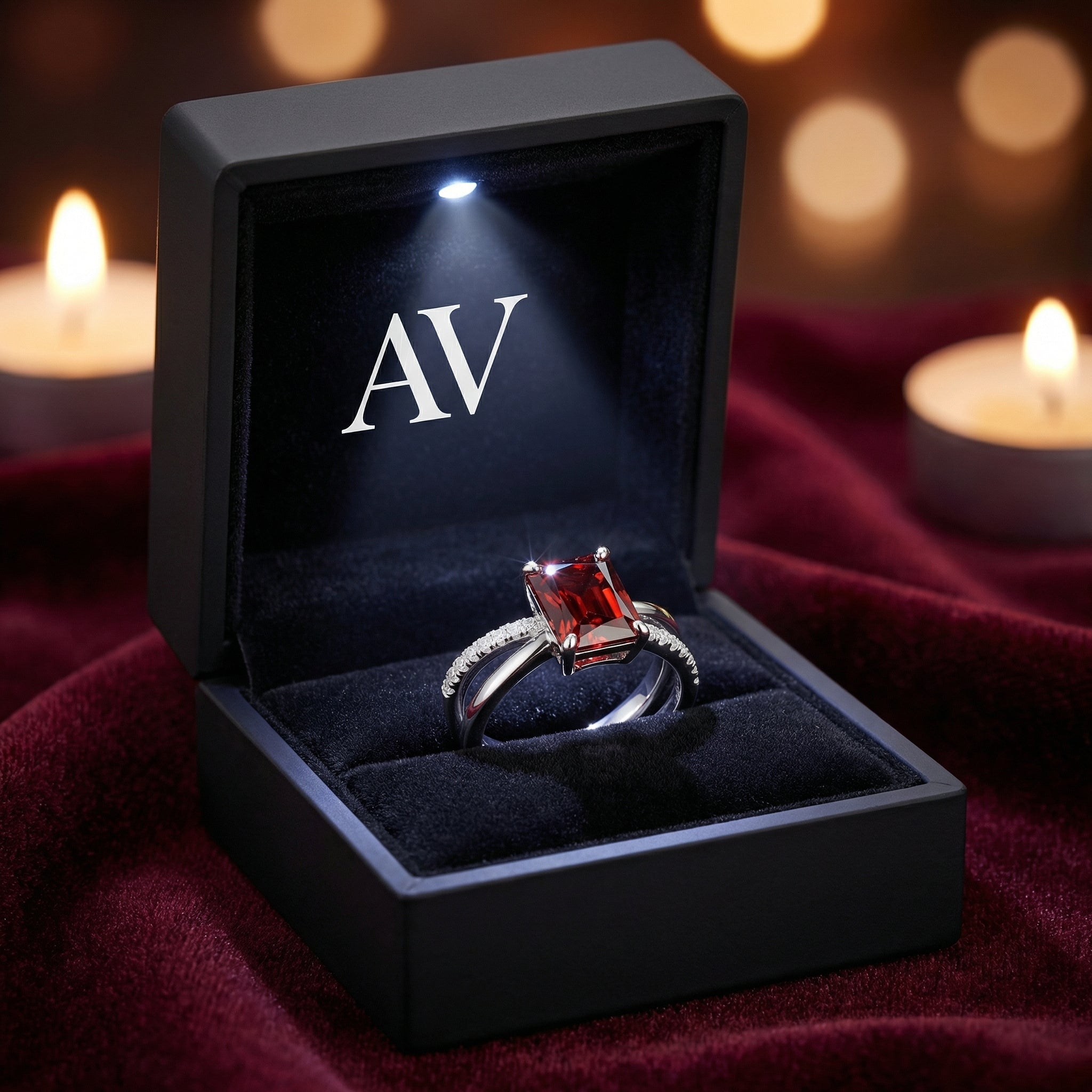 S925 sterling silver Isolt twist ring with emerald cut garnet inside a lighted black AV jewelry gift box.
