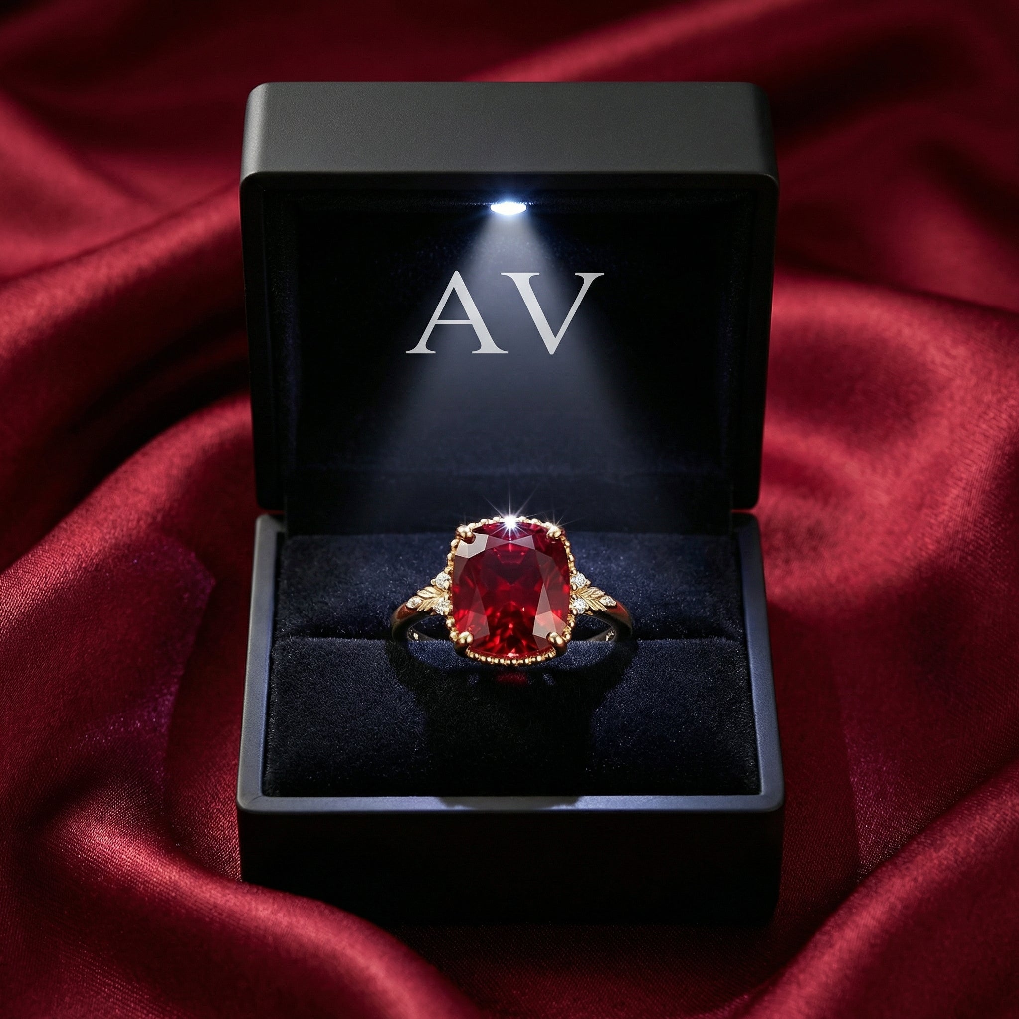 Close-up of a cushion-cut simulated ruby ring in 18K gold vermeil in a premium gift box.