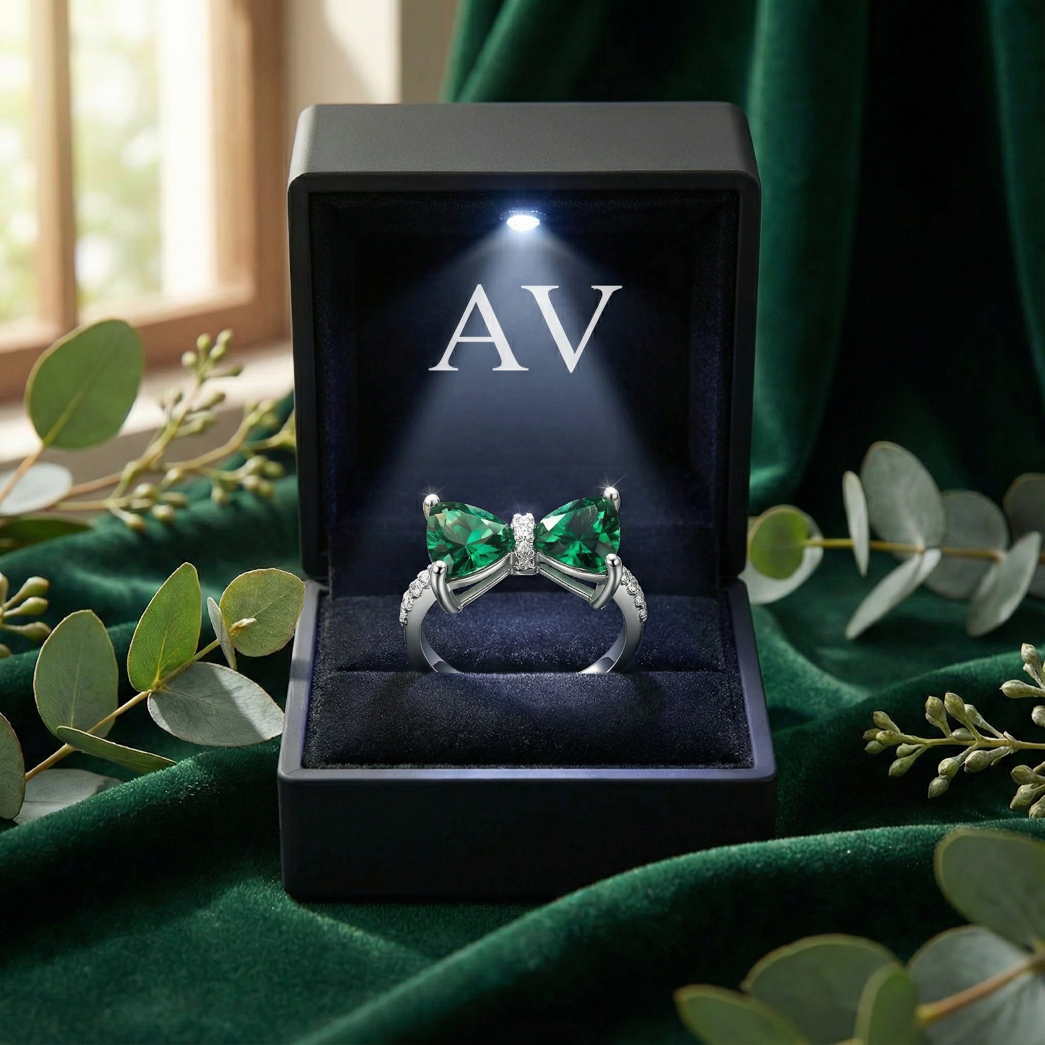 Sterling silver bow ring with simulated emeralds in a lighted black AV branded gift box on green velvet.