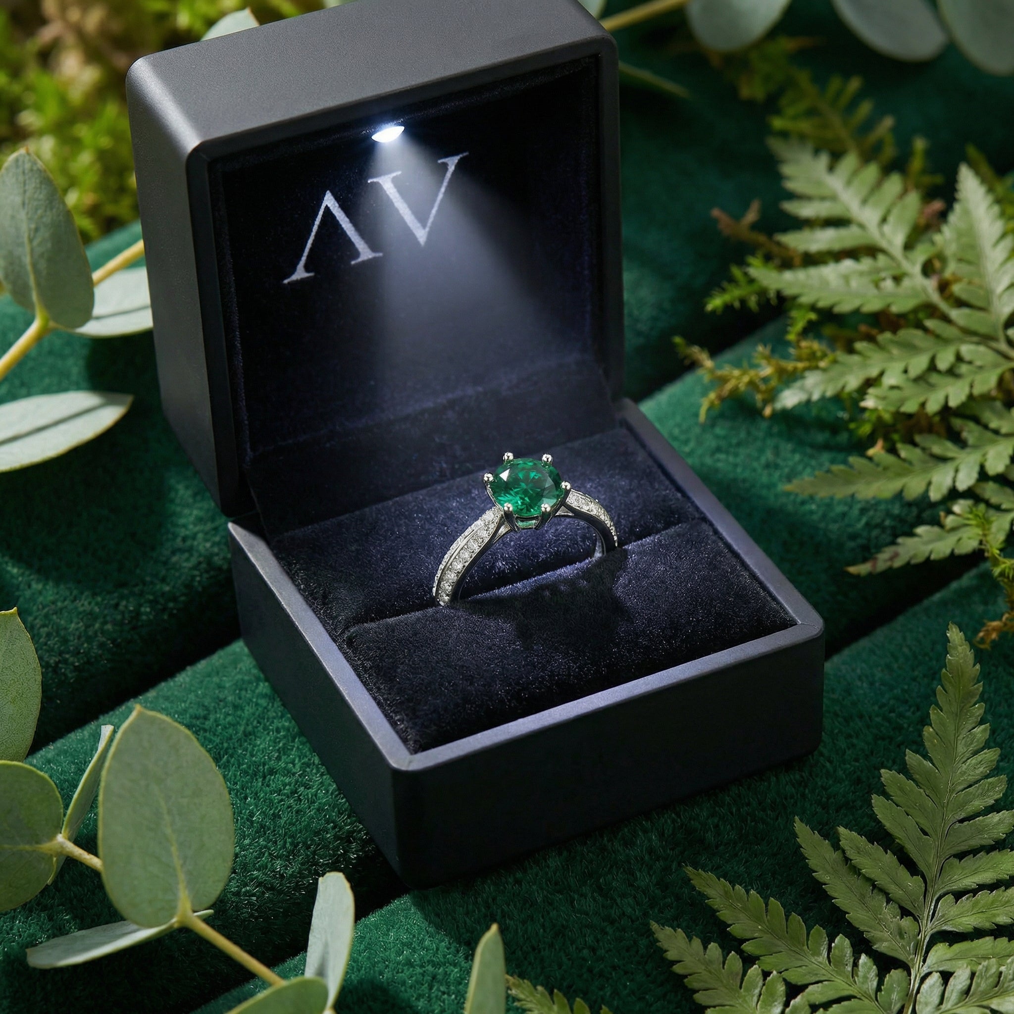 Forest green round simulated emerald halo ring in S925 sterling silver inside a black LED-lit jewelry box.