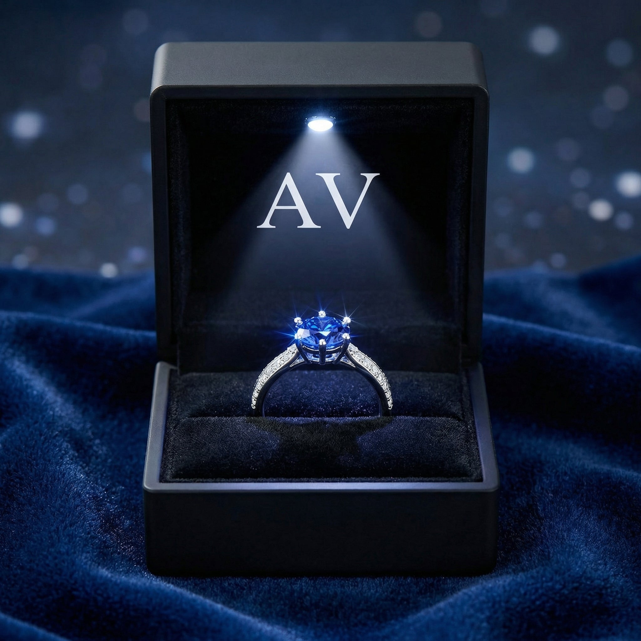Blue simulated sapphire solitaire ring presented in a black lighted jewelry gift box on blue velvet.