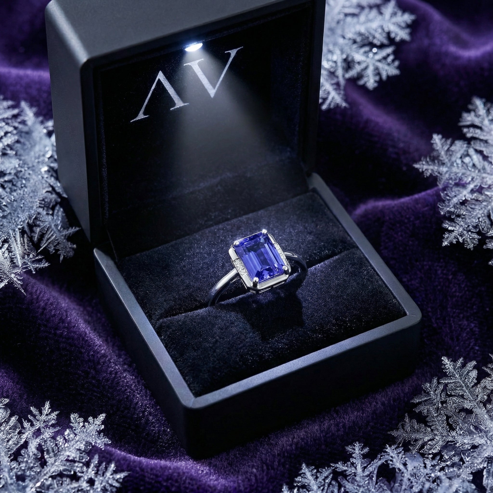 Emerald-cut simulated tanzanite silver ring inside a black LED-lighted jewelry box on a winter-themed background.