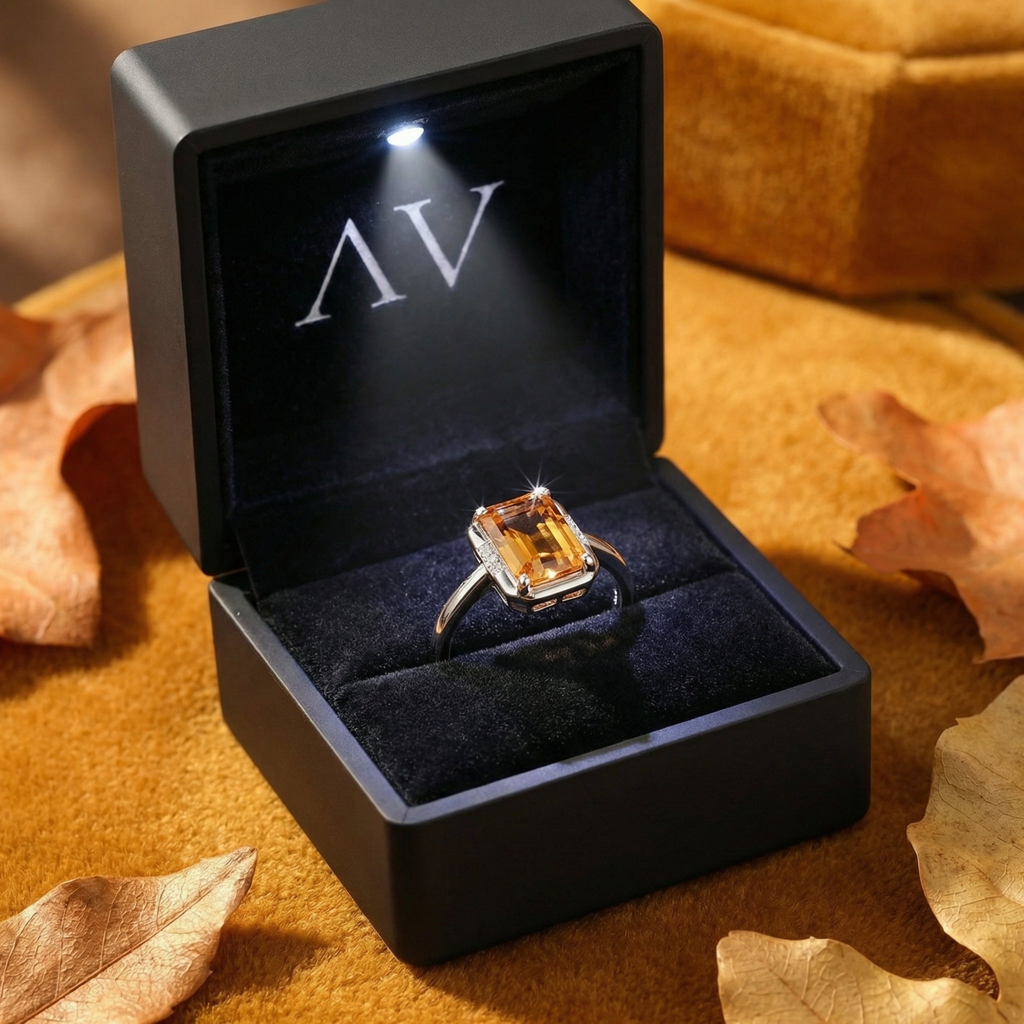 Octagon-cut simulated topaz sterling silver ring inside a black LED-lit jewelry presentation box.