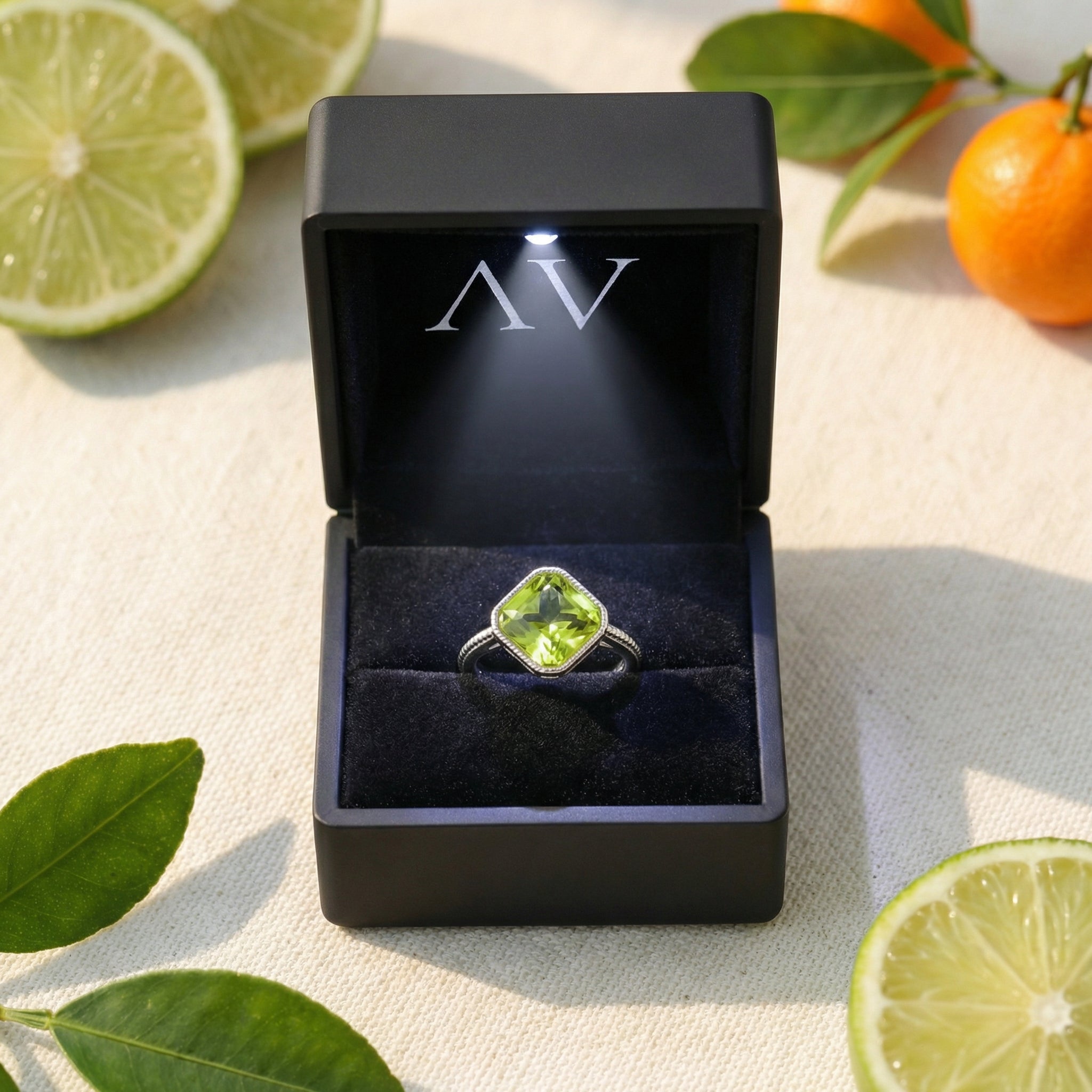 Square simulated peridot sterling silver ring inside a black lighted jewelry box with citrus fruit accents.
