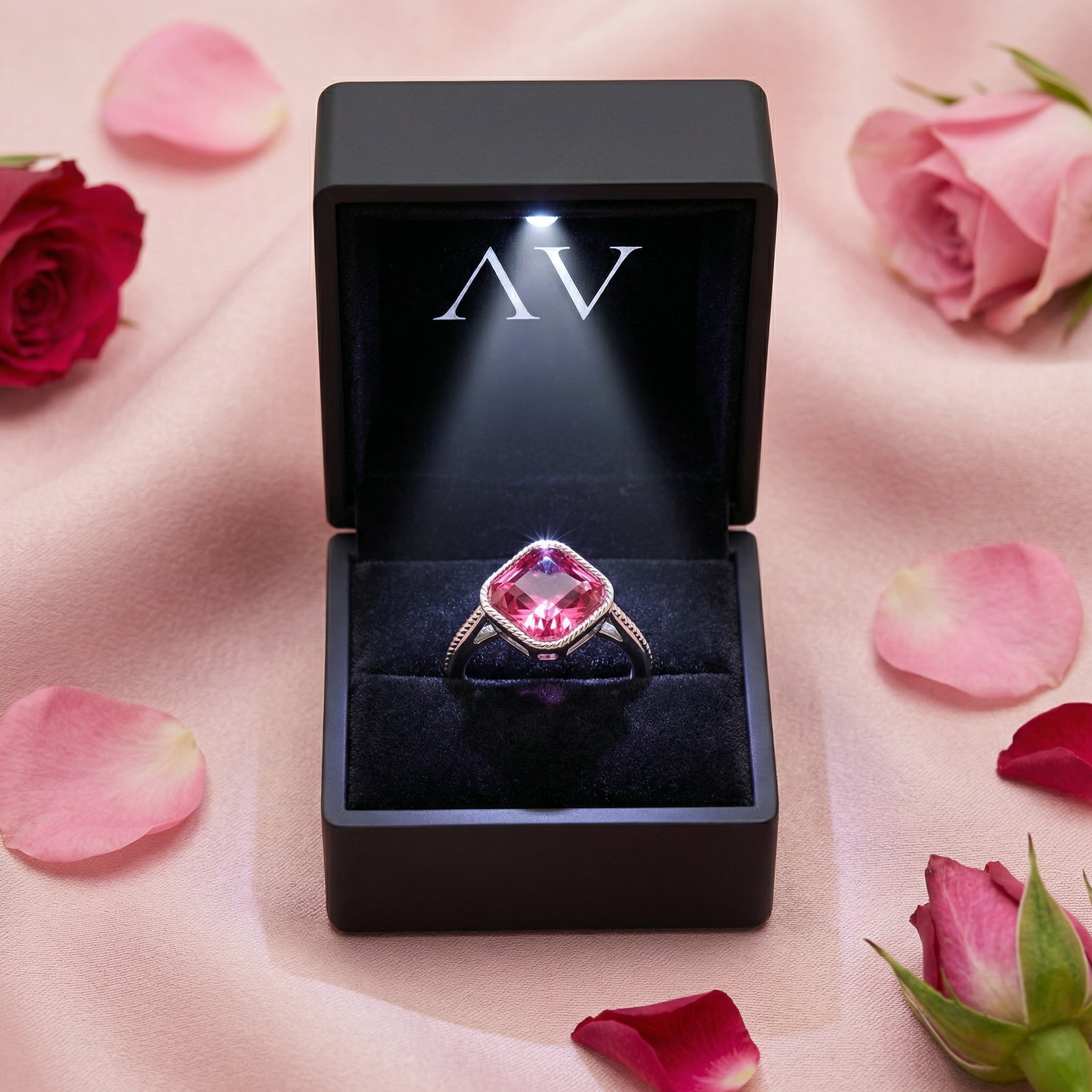 Pink tourmaline cushion ring in sterling silver inside a lighted black jewelry box with rose petals.