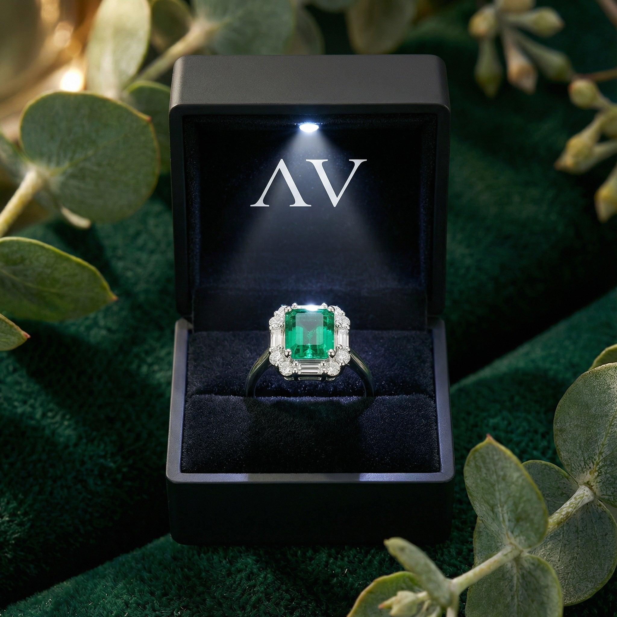 Octagon simulated emerald sterling silver ring presented in a black LED-lit jewelry box with the AV logo.