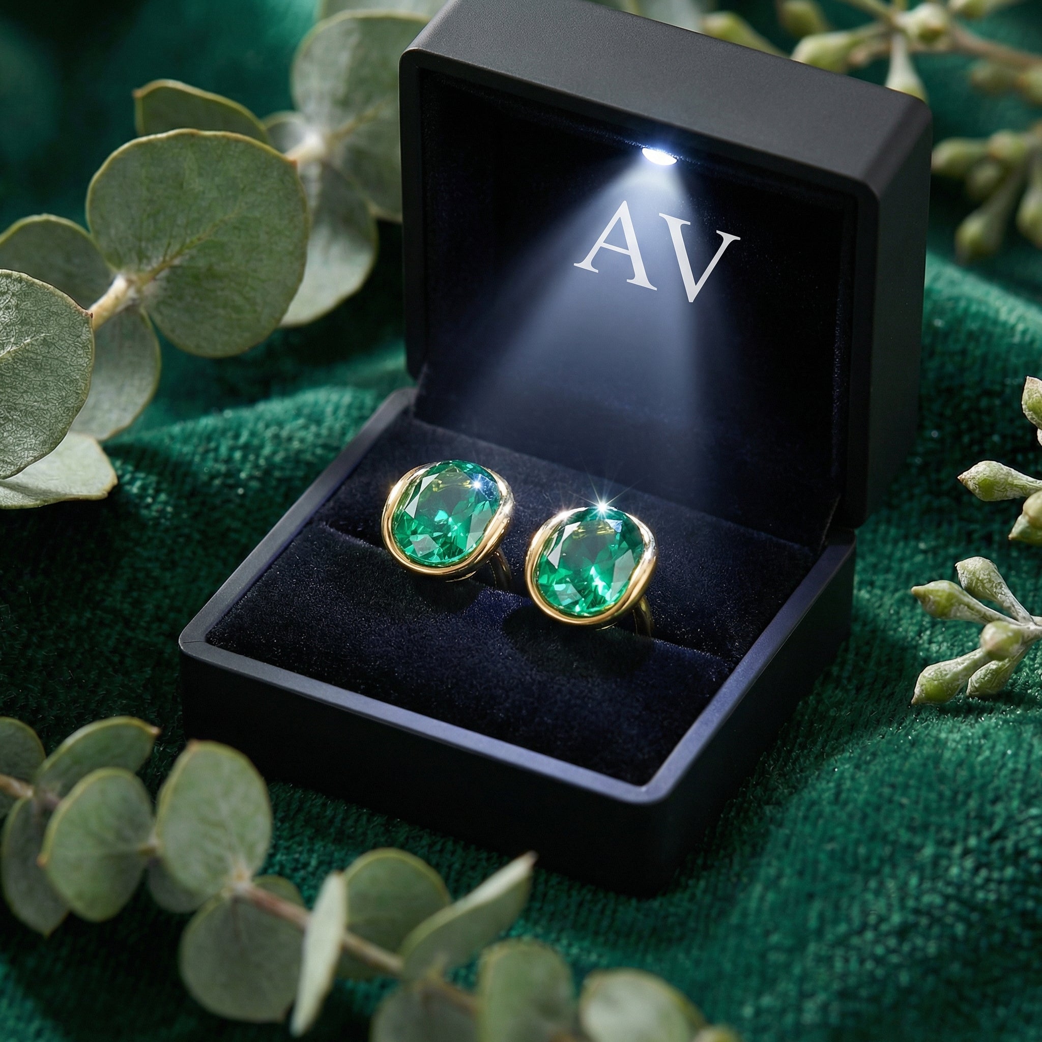 The Veris Oval 18K gold plated simulated emerald earrings in a black LED-lit gift box.