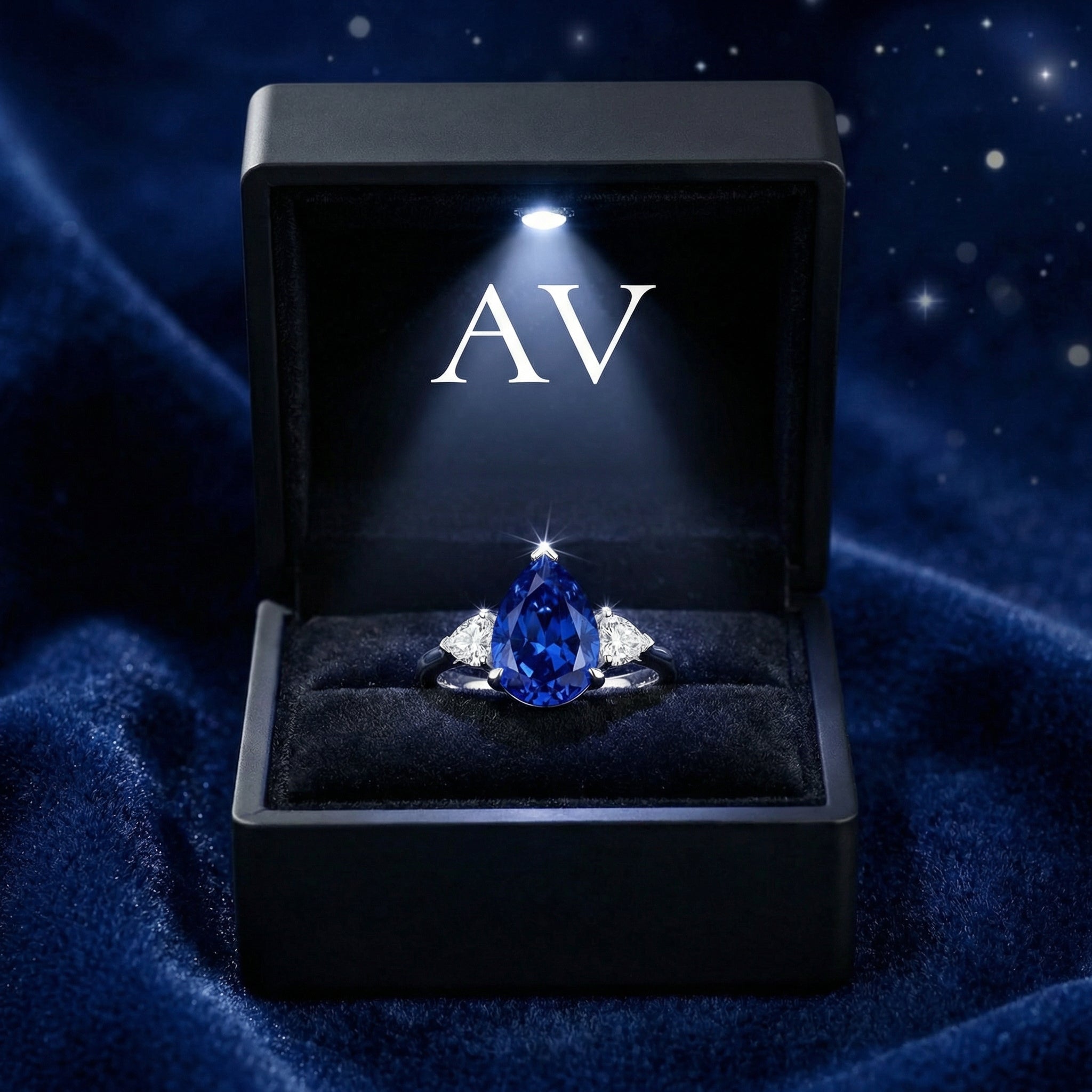 Pear-cut simulated sapphire sterling silver ring inside a lighted black jewelry presentation box.