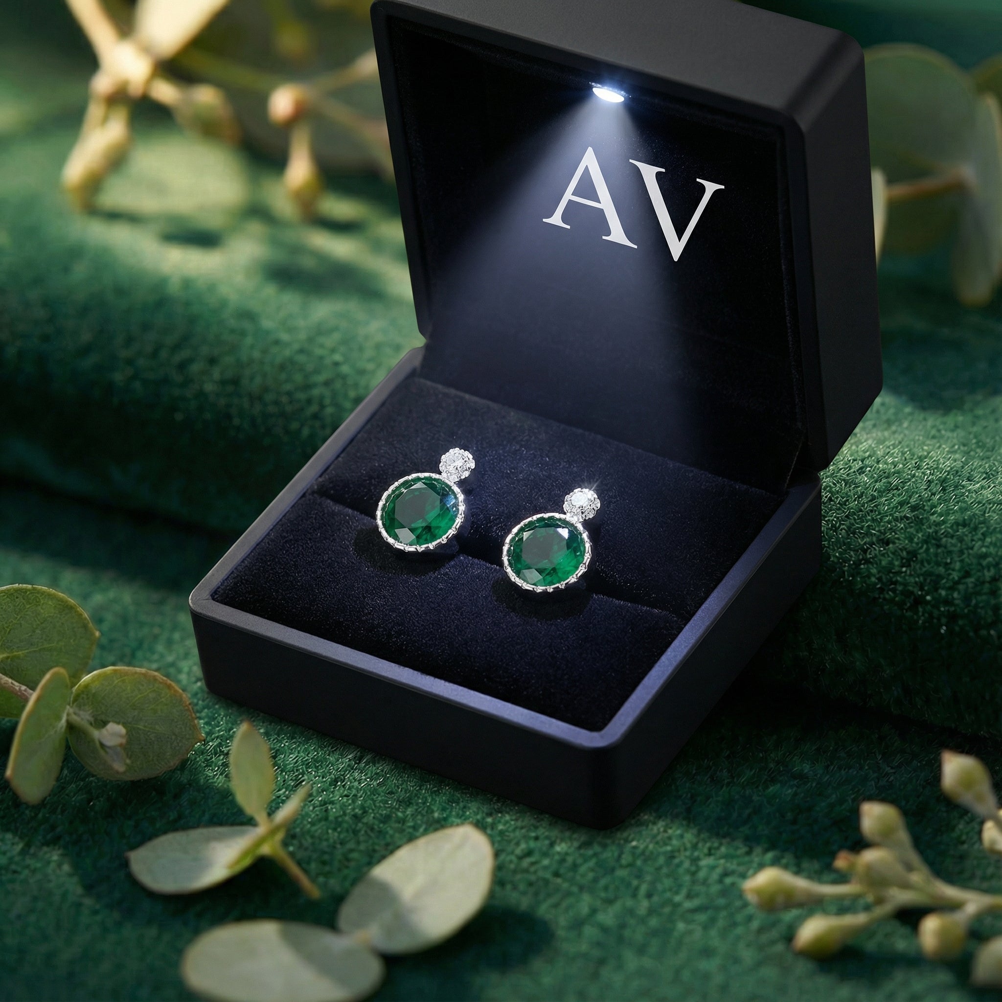 Round simulated emerald halo earrings in S925 sterling silver inside a lighted black AV branded gift box.