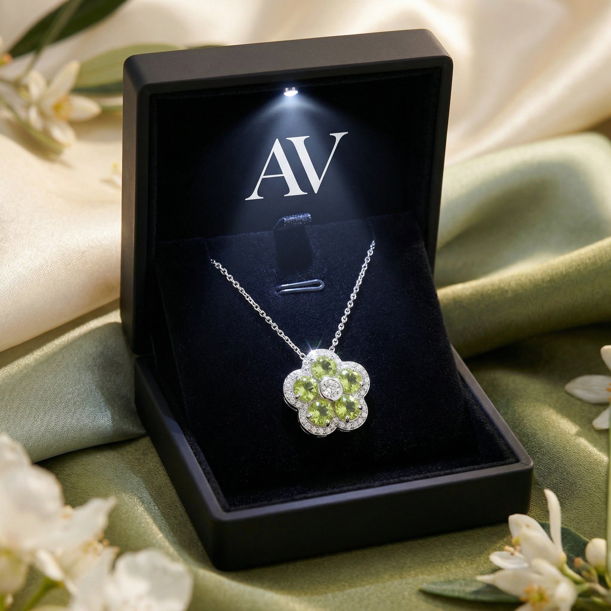 Sterling silver Florisara peridot pendant displayed in a premium black lighted jewelry box with AV branding.
