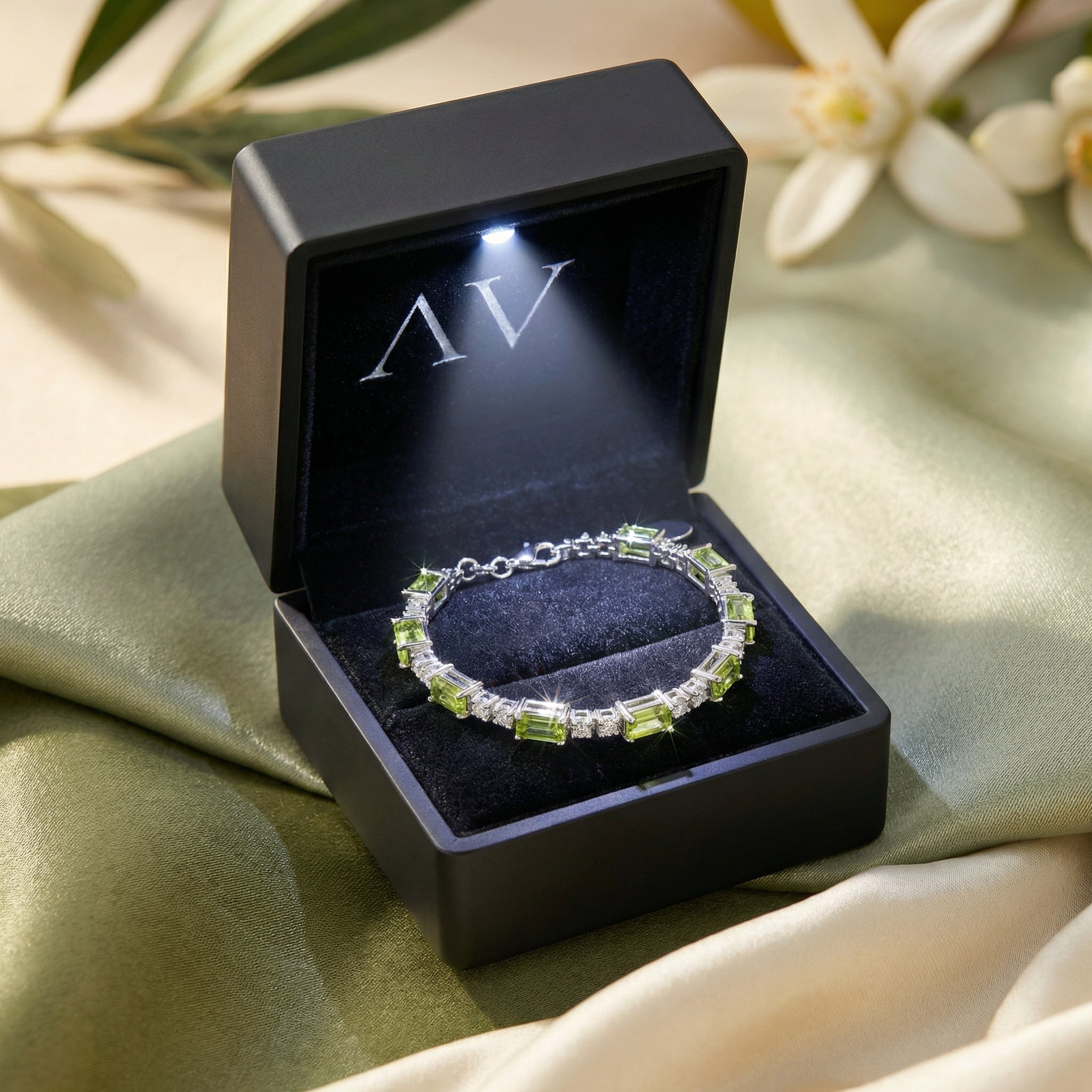Emerald cut peridot sterling silver bracelet displayed in a black lighted jewelry gift box.