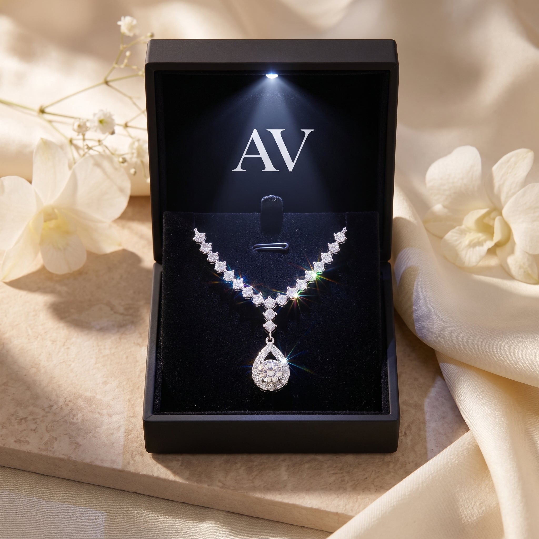 Silver moissanite necklace displayed in a black LED-lit gift box with AV logo.