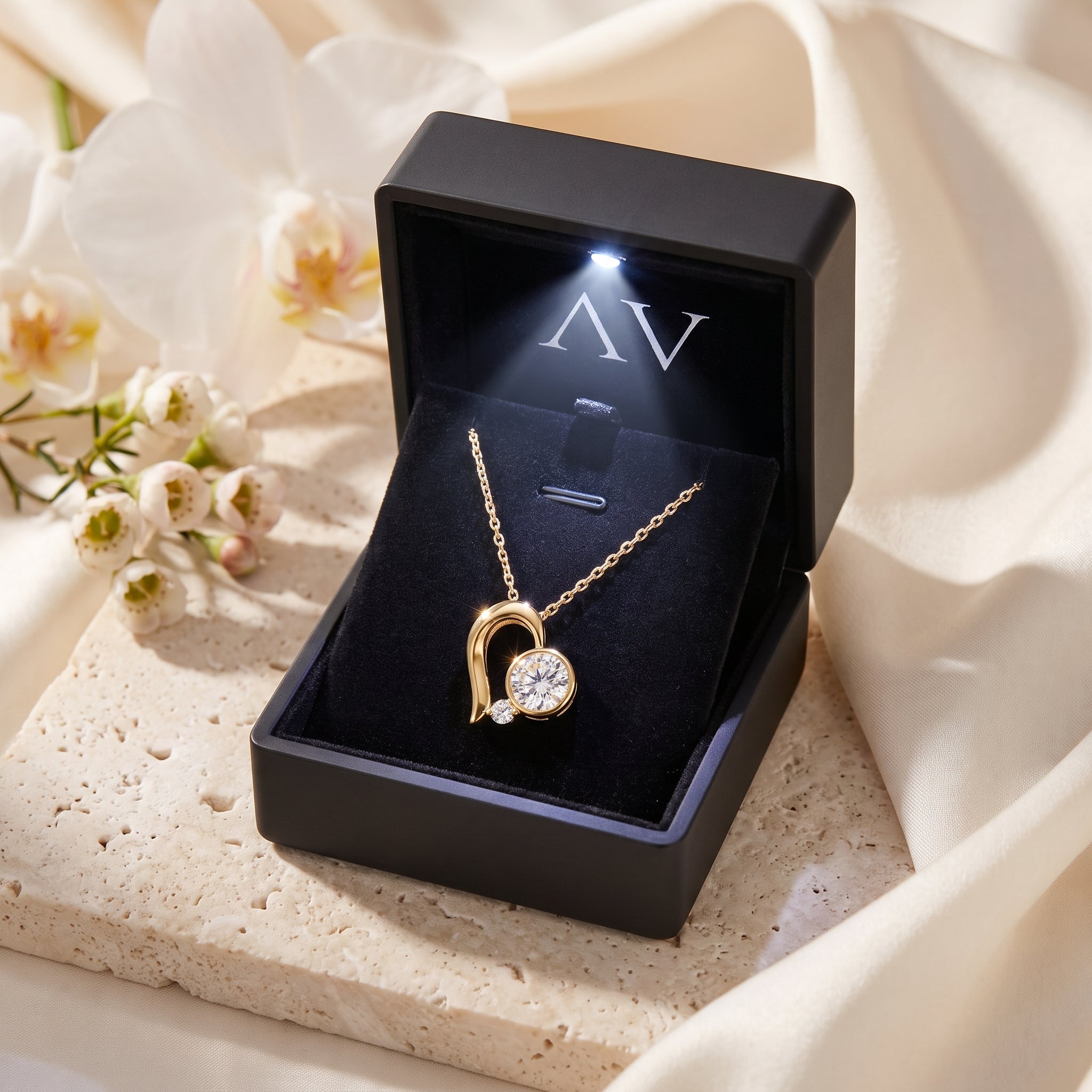 Gold moissanite heart necklace inside a black illuminated luxury gift box.