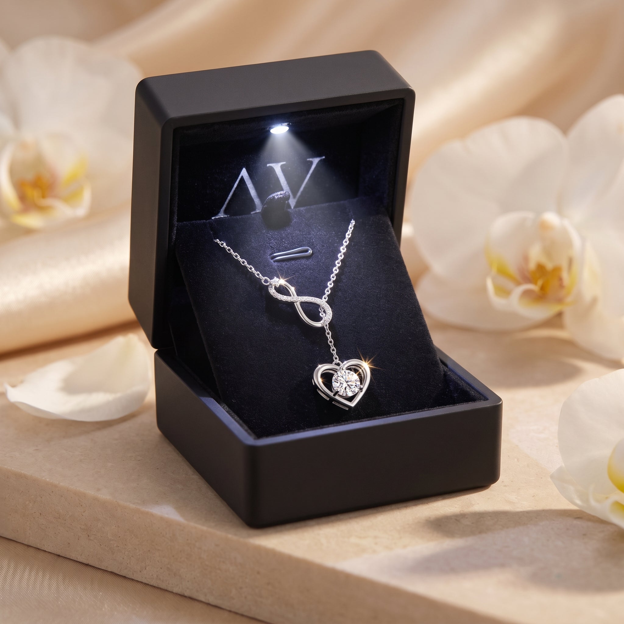 Silver moissanite infinity heart necklace presented in a black LED-lit gift box on a stone surface.