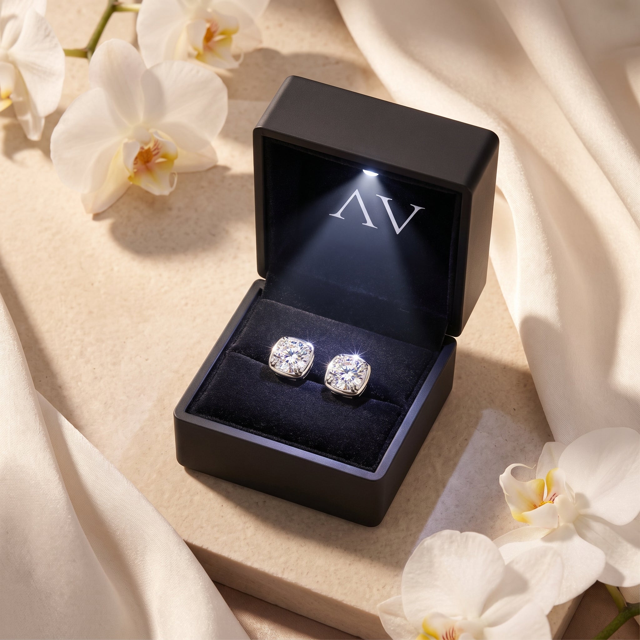 Silver Gabriella moissanite earrings in a black LED-lit gift box surrounded by orchids.