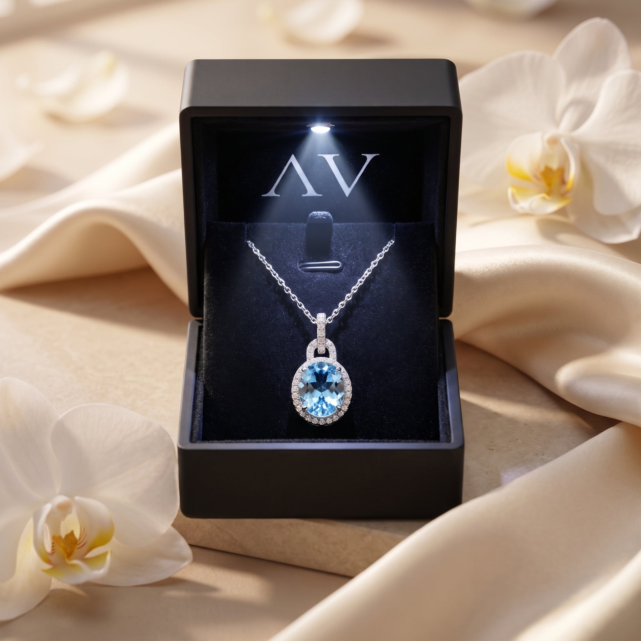 Bianca aquamarine pendant necklace inside a lighted black gift box with orchids.